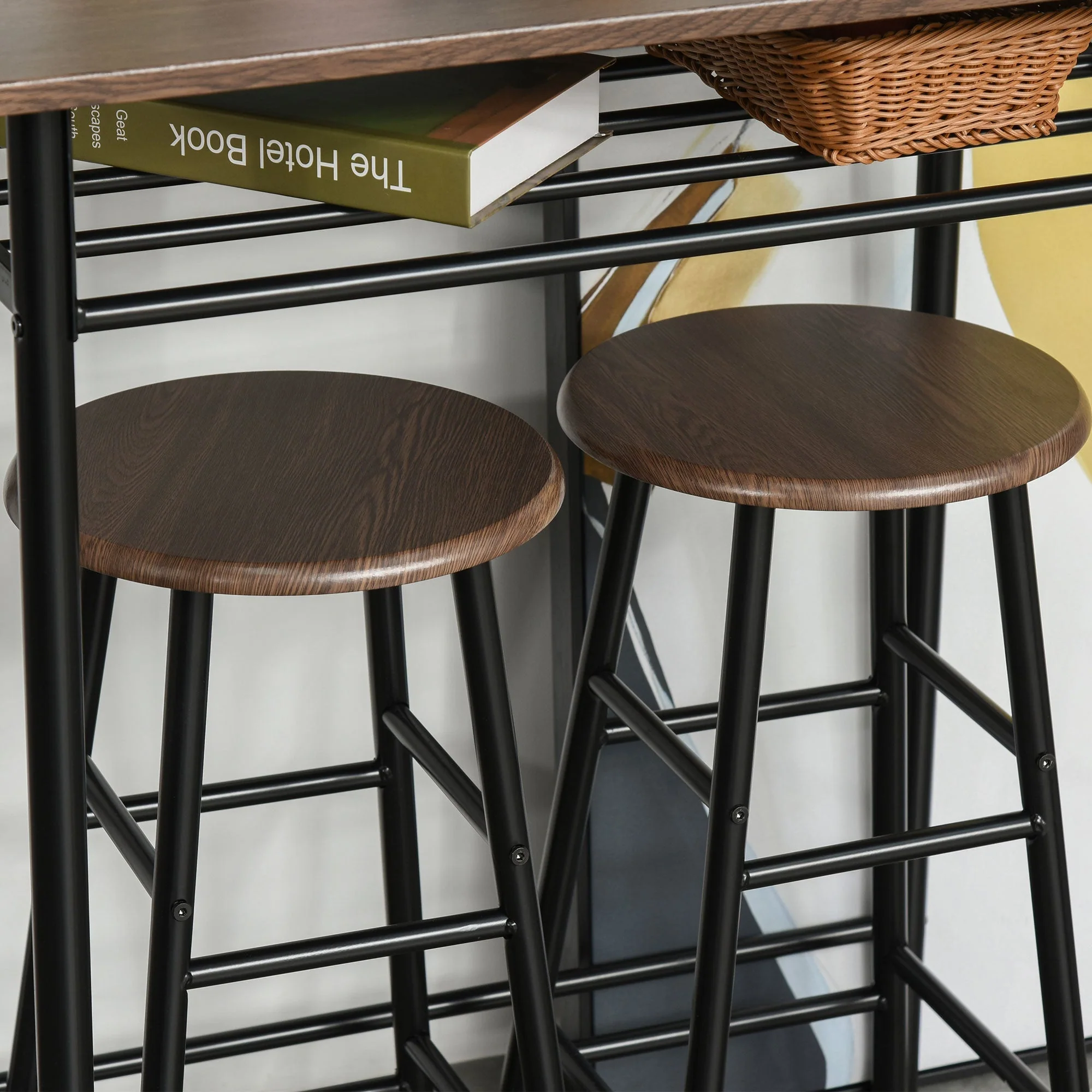 Bar Table Set, 3-Piece Dining Table with 2 Bar Stools, Storage Shelf, Metal Black - Image 7
