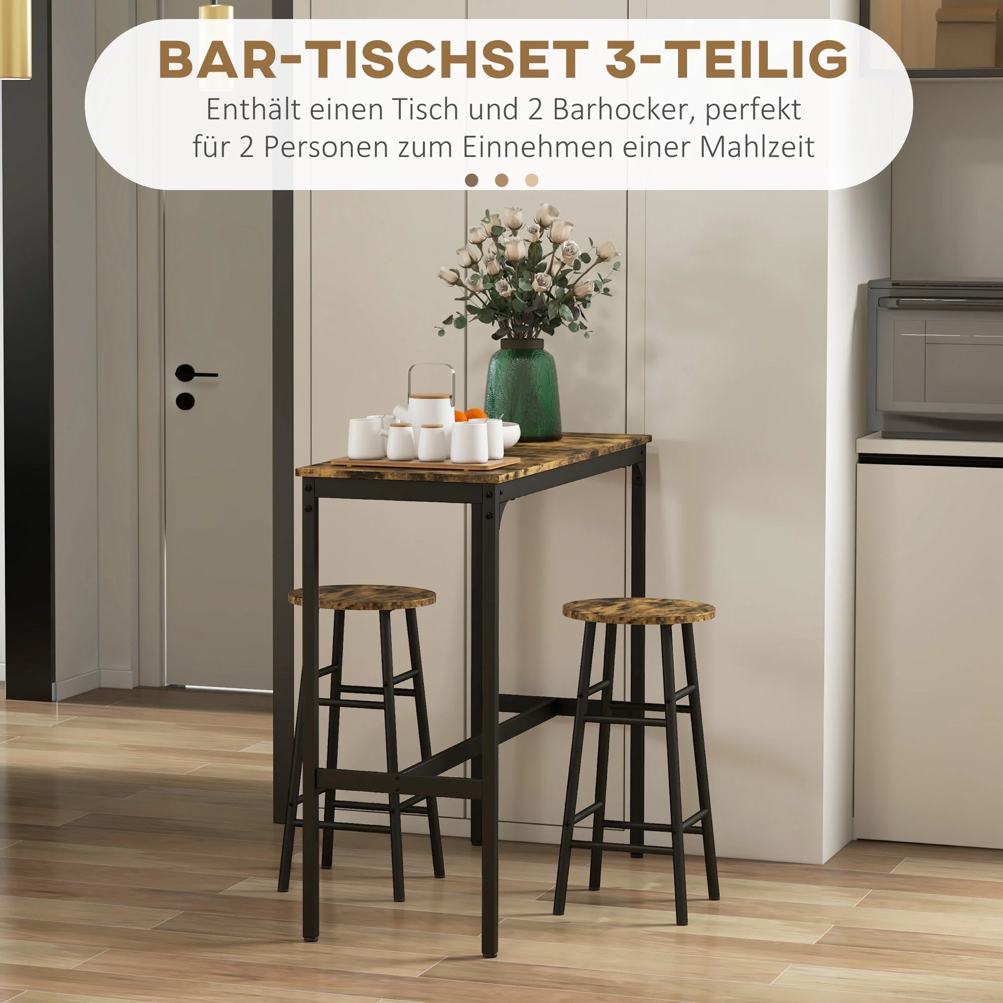 Bar Table Set, 3-Piece with 2 Bar Stools, Steel, Rustic Brown - Image 4
