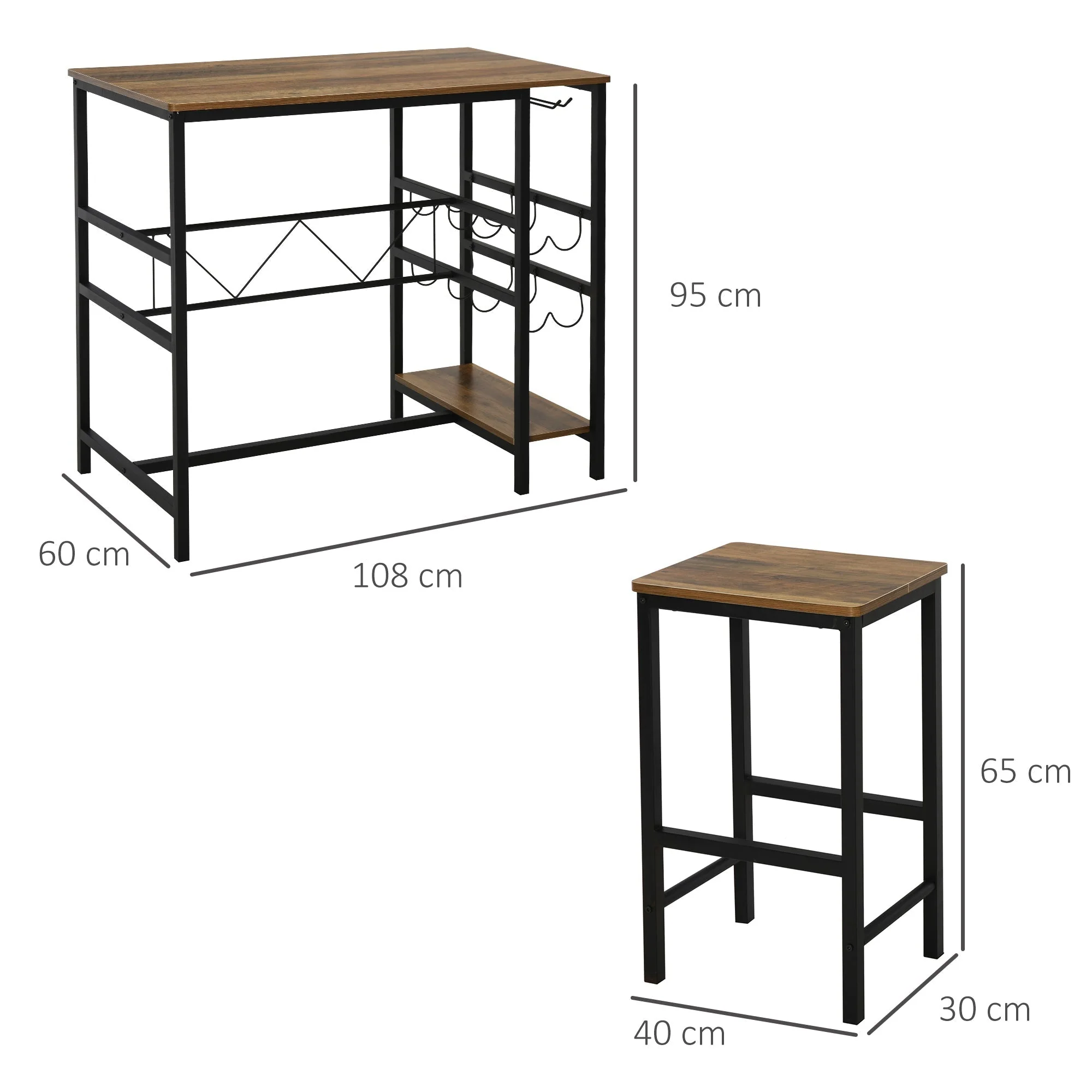 Bar Table Set, 3-Piece with 2 Stools, Steel, Natural and Black - Image 3
