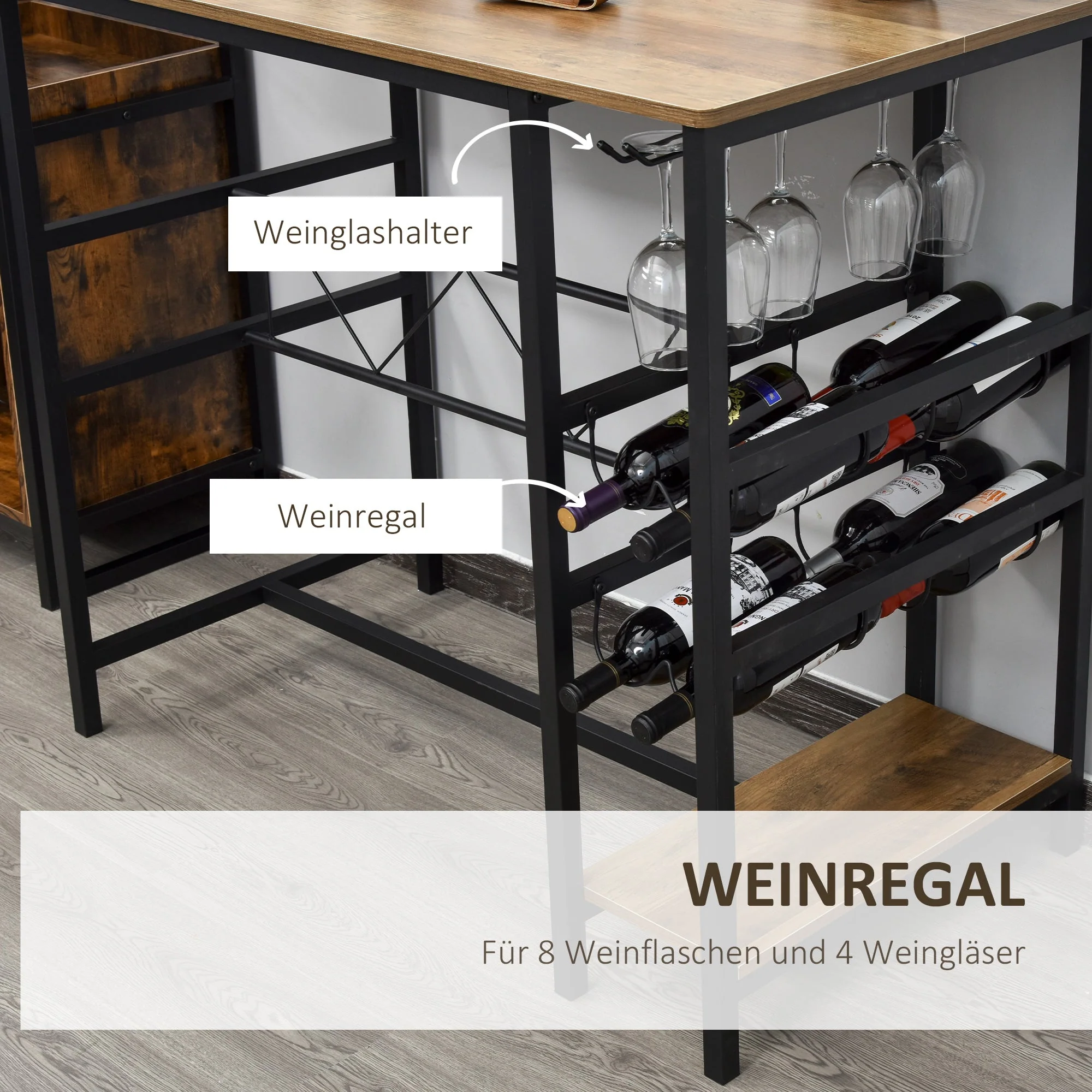 Bar Table Set, 3-Piece with 2 Stools, Steel, Natural and Black - Image 4