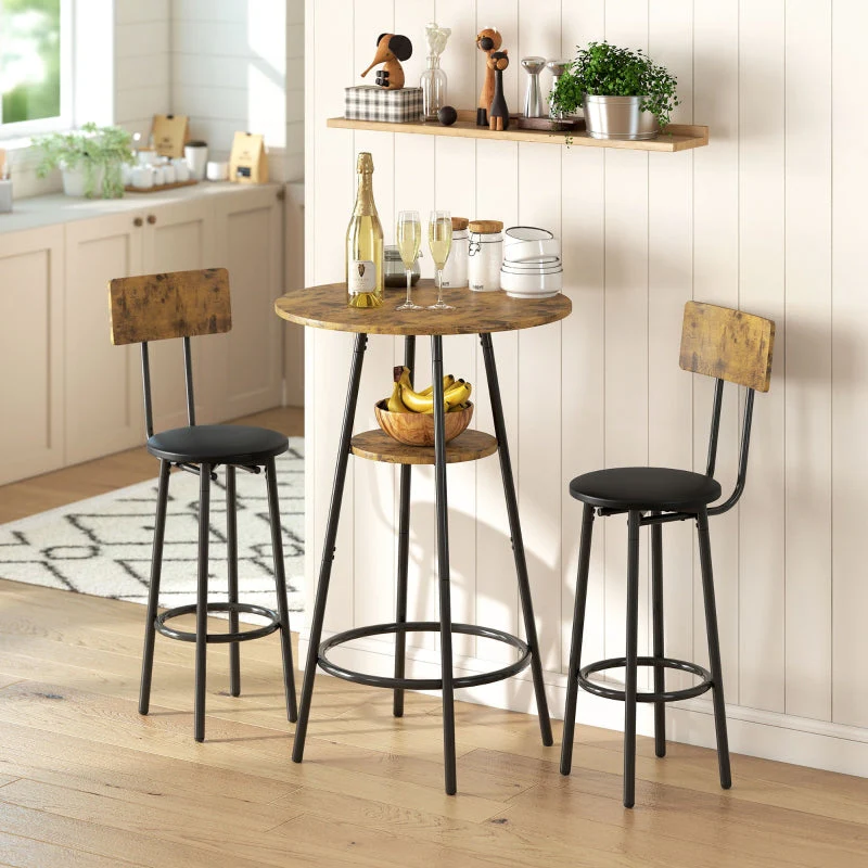 Bar Table Set 3-Piece with Upholstered Stools, Faux Leather, Brown