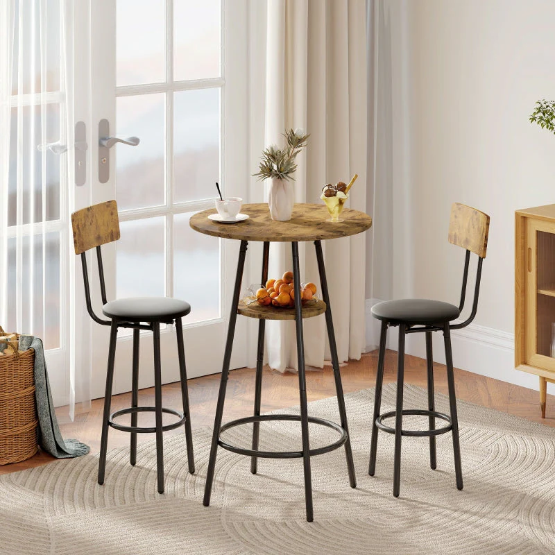Bar Table Set 3-Piece with Upholstered Stools, Faux Leather, Brown - Image 6