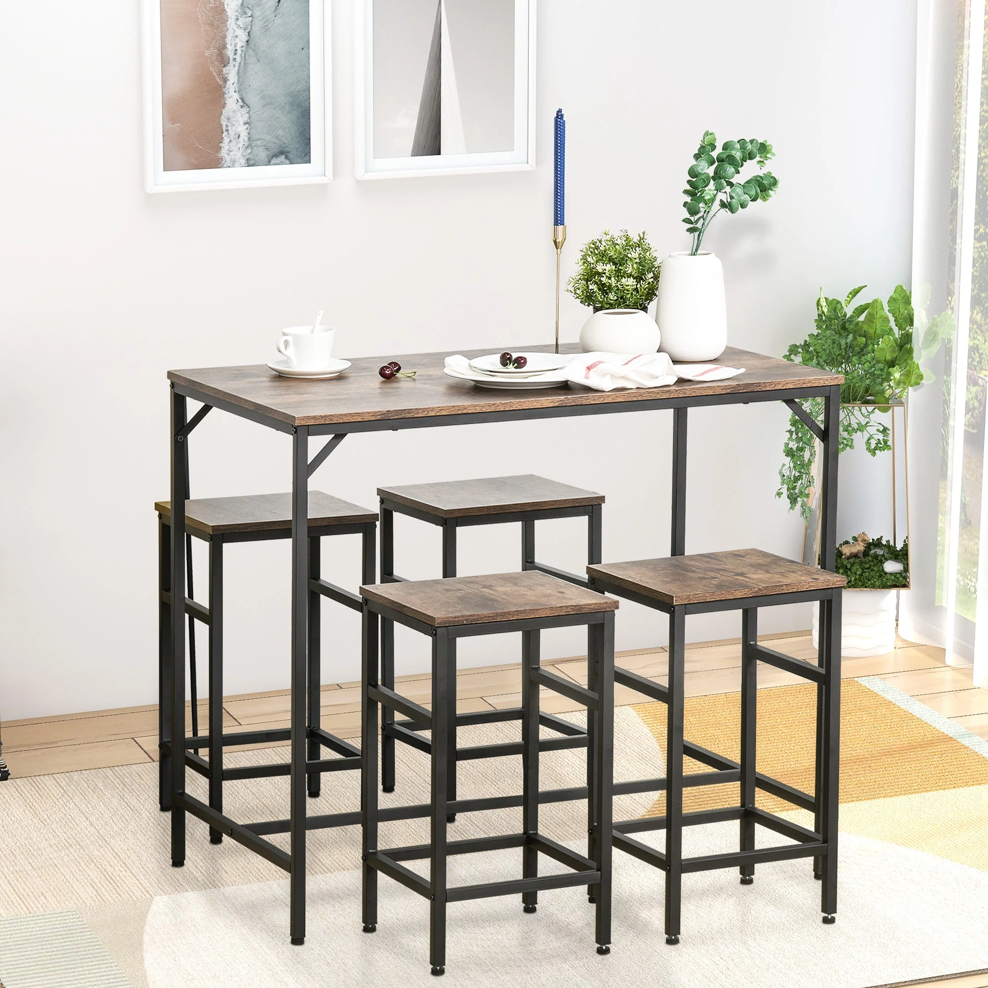 Bar Table Set, 5-Piece Standing Table with 4 Stools, Rustic Brown/Black Chipboard/Steel