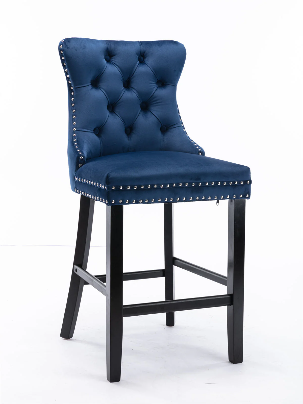 Barstools Set of 2 Velvet Upholstered Button Tufted Wooden Legs - Blue - Image 3
