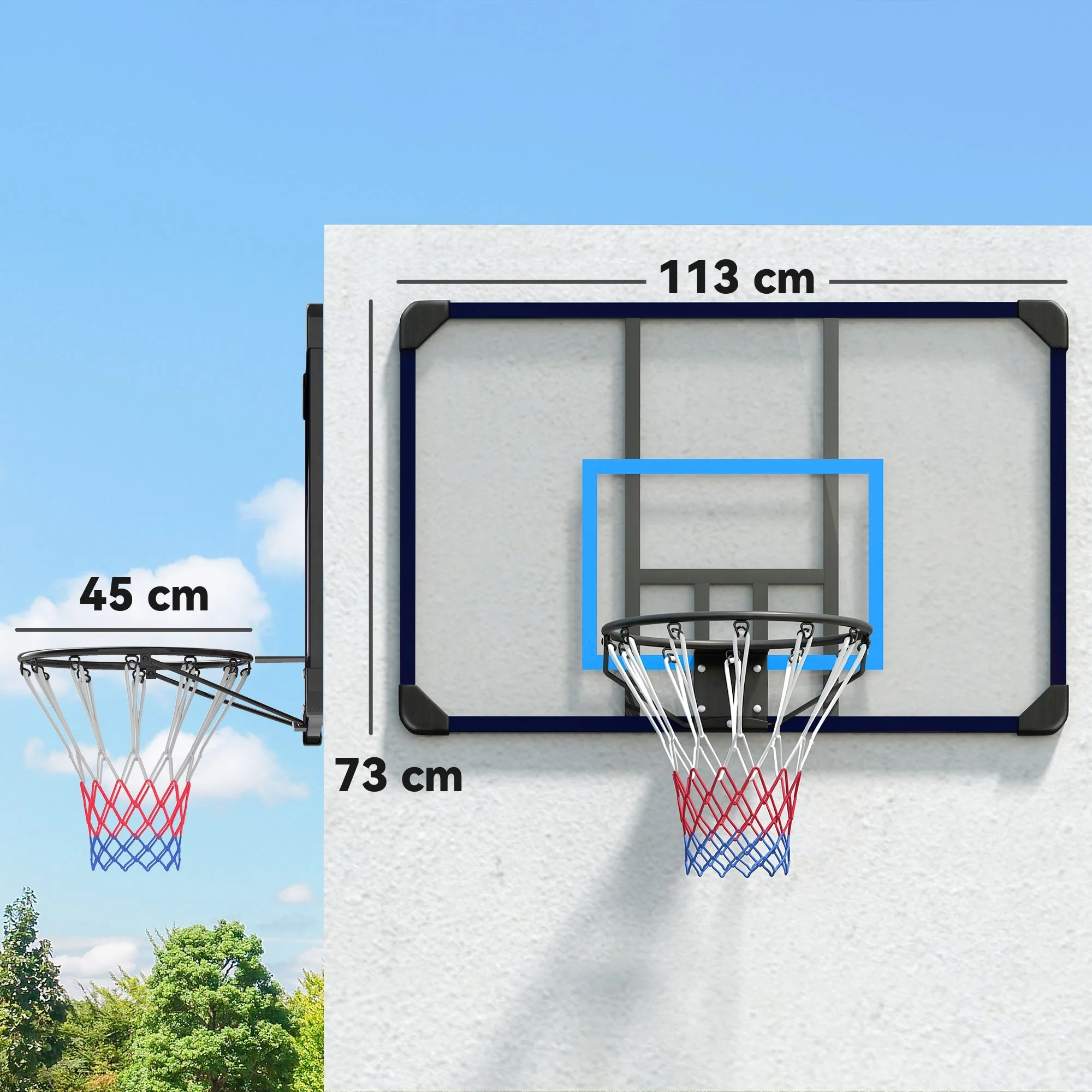 Basketball Hoop Wall Mounted Backboard with Net, Steel - Image 3