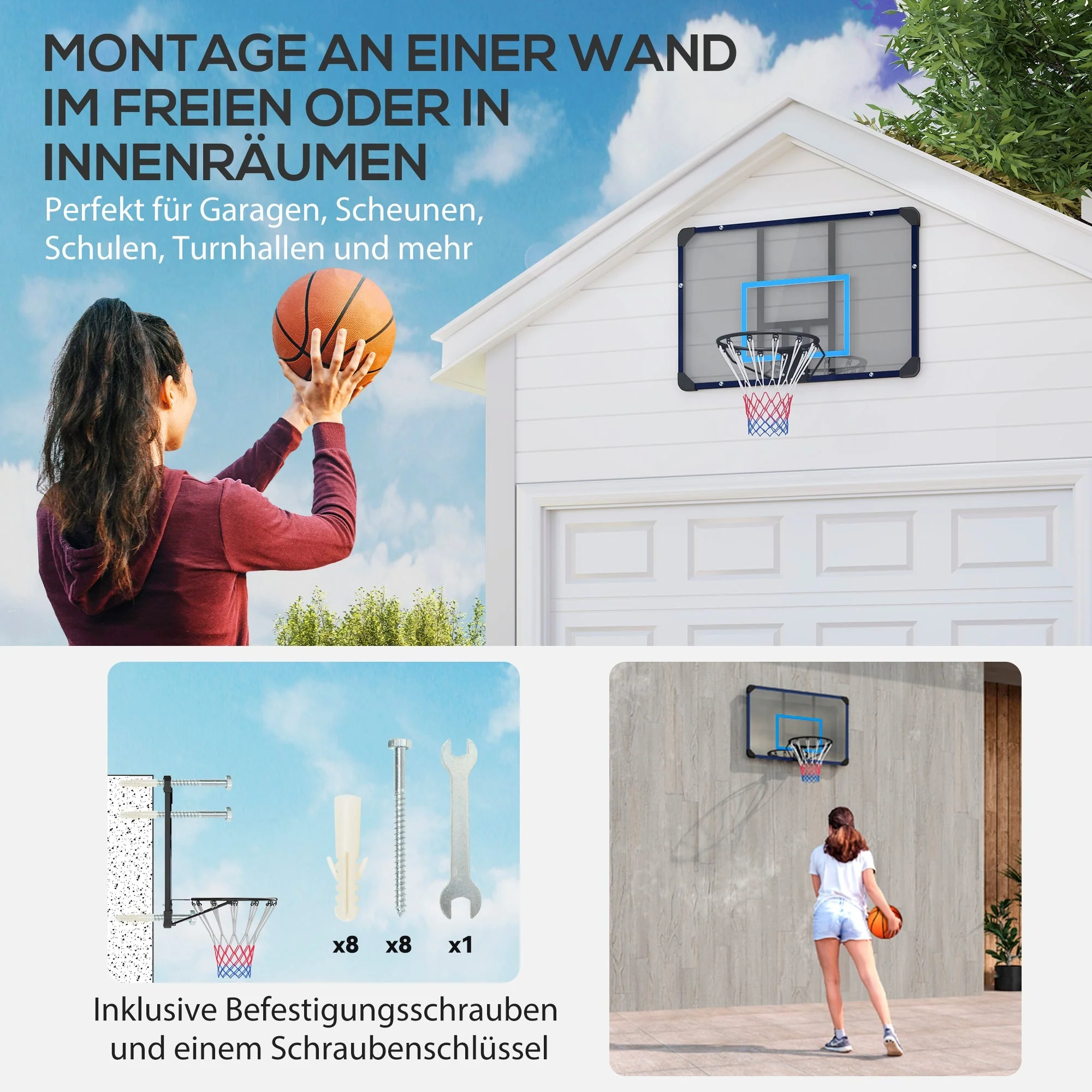 Basketball Hoop Wall Mounted Backboard with Net, Steel - Image 4