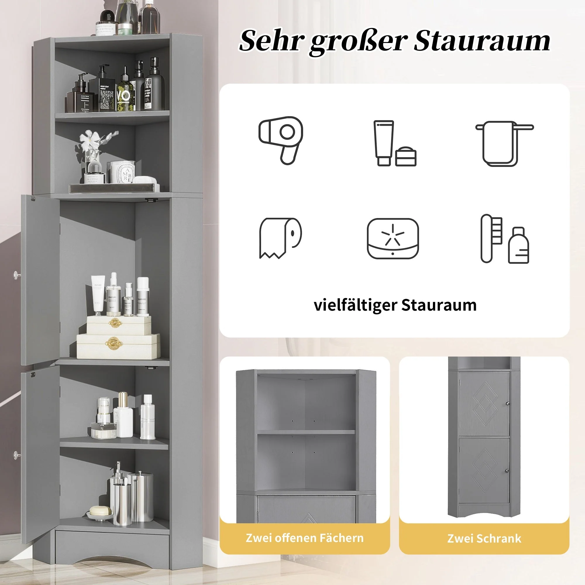 Bathroom Cabinet, Corner with Adjustable Shelf & Storage, Light Grey - Image 7