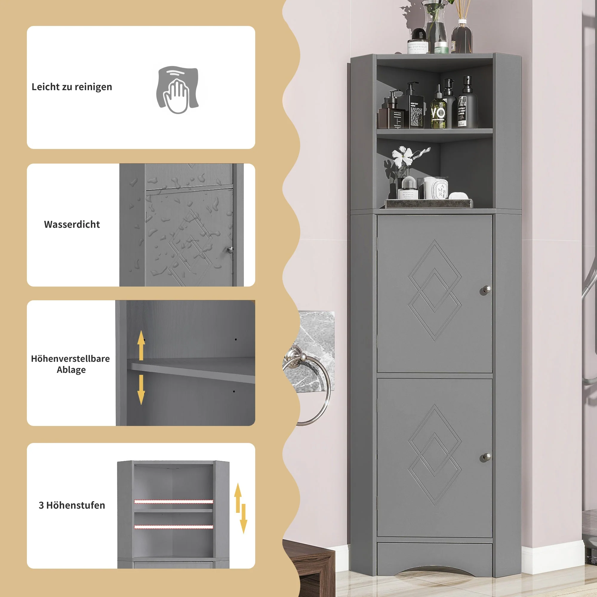 Bathroom Cabinet, Corner with Adjustable Shelf & Storage, Light Grey - Image 9