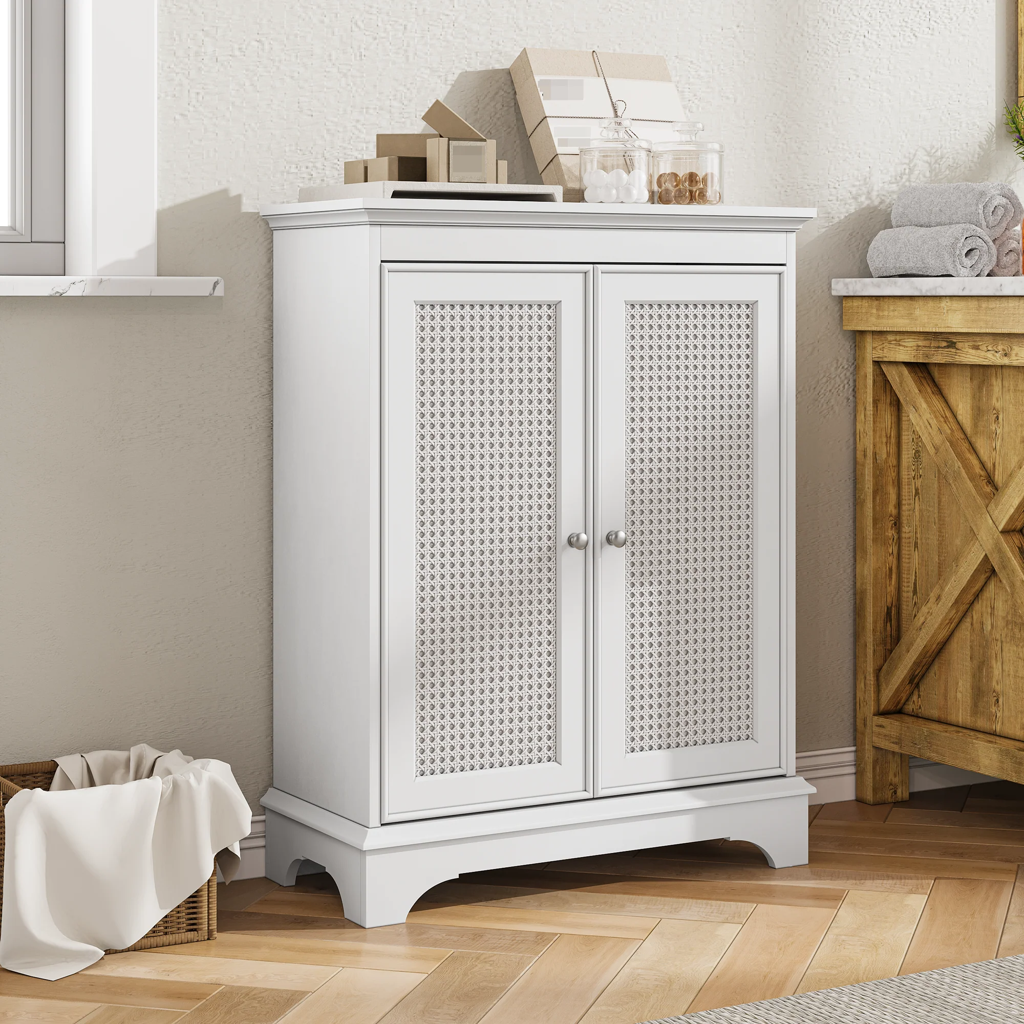 Bathroom Cabinet, Floor-Standing with Basket Door & Adjustable Shelf, White - Image 3