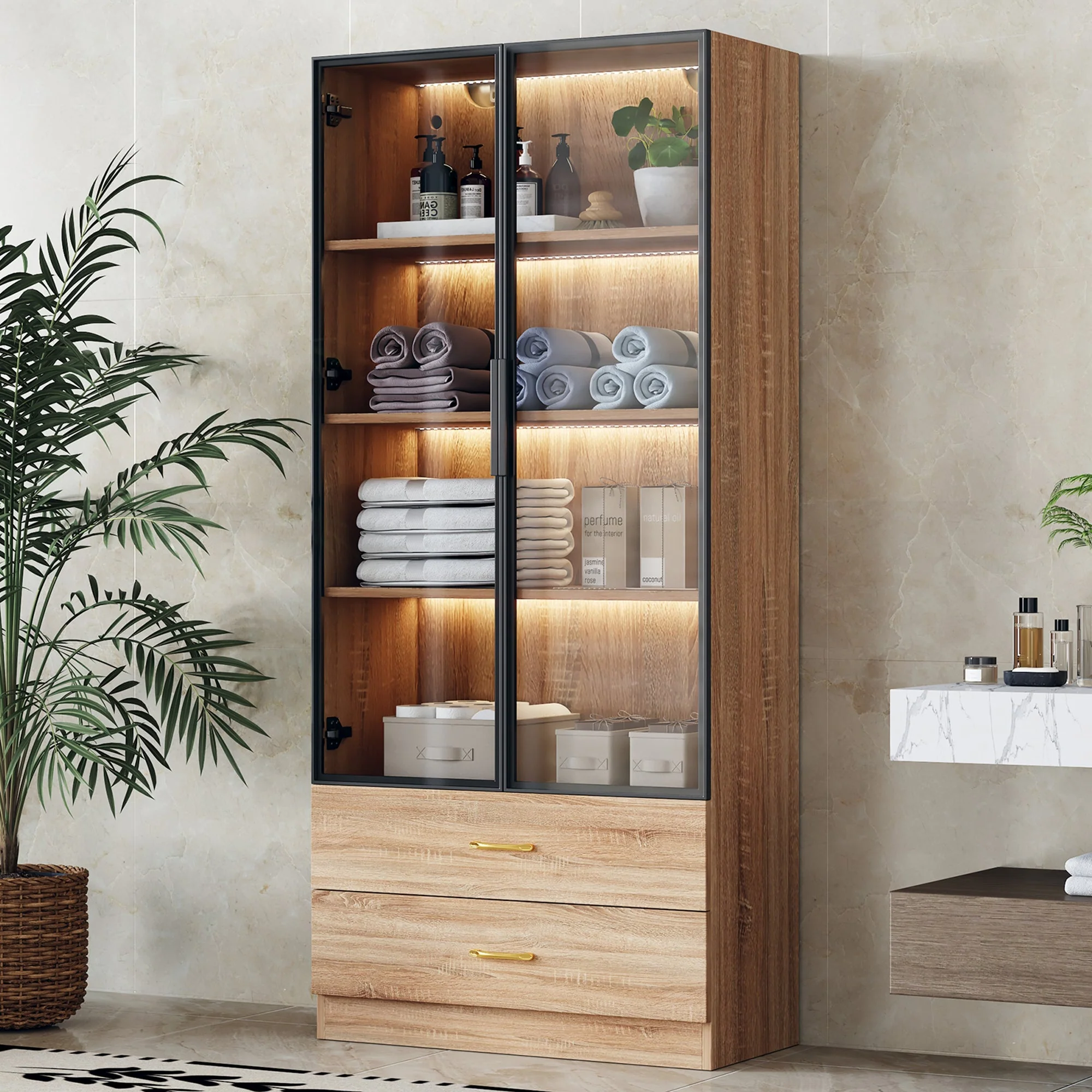 Bathroom Cabinet Medium 75cm Light Strip 2 Drawers Glass Door - Image 2