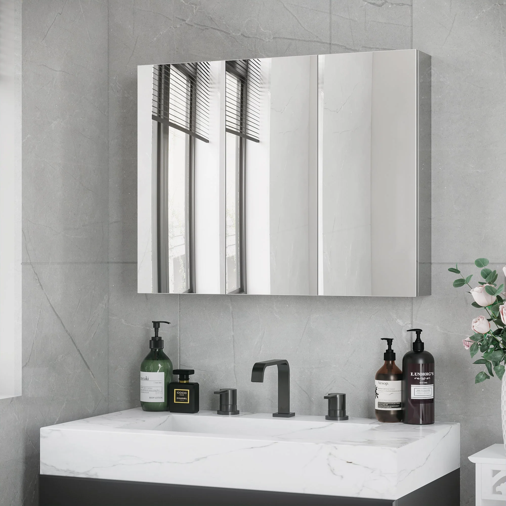 Bathroom Cabinet Mirrored Wall-Mounted 3 Glass Doors 5 Shelves, Stainless Steel Silver 70x12x55cm - Image 2