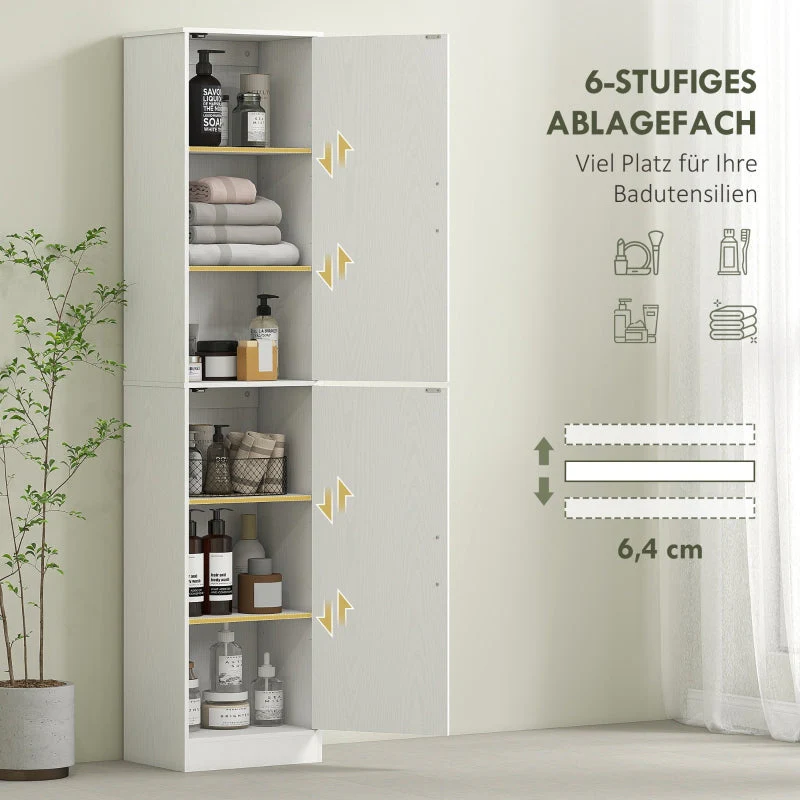 Bathroom Cabinet Narrow Tall 2 Doors Adjustable Shelves, White - Image 4