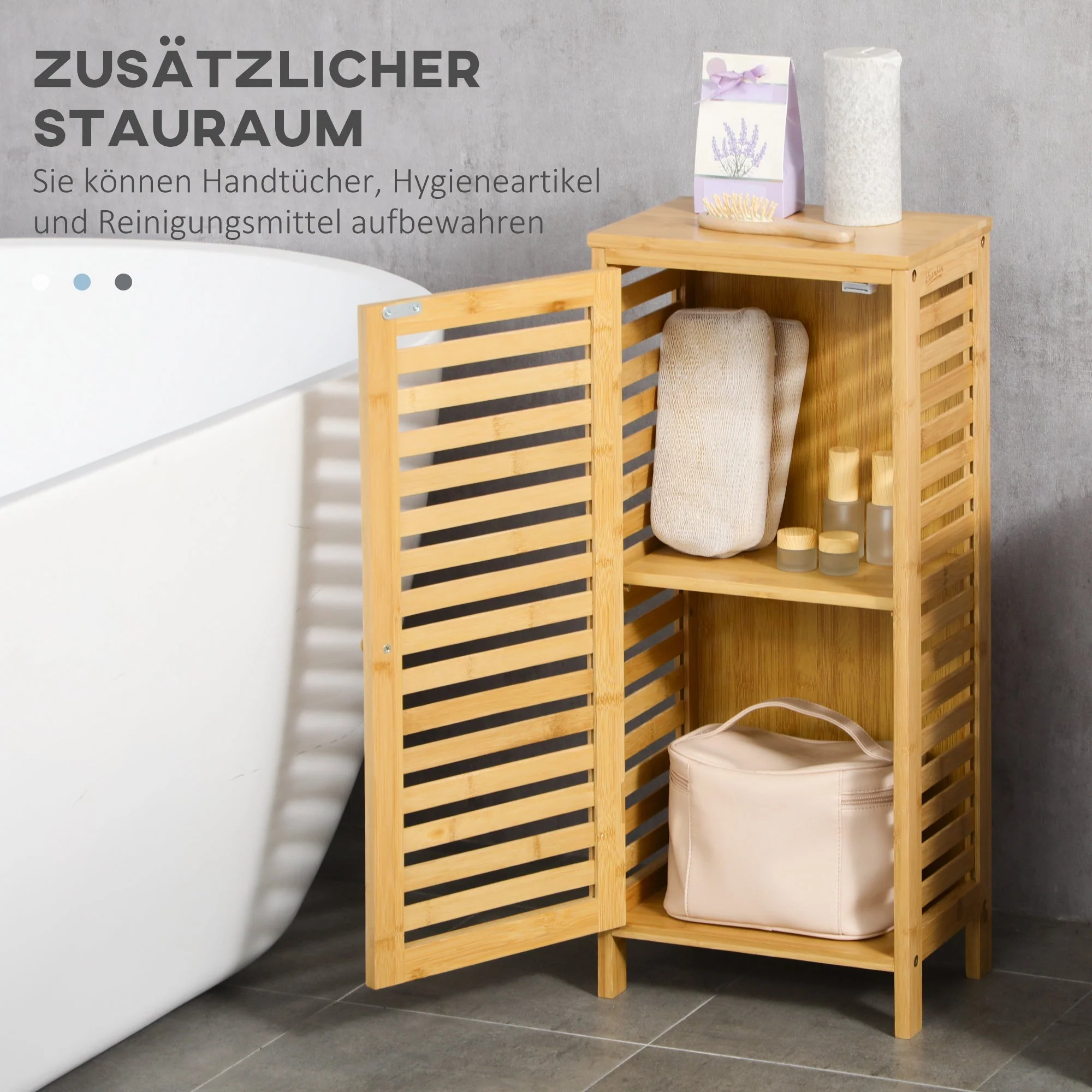 Bathroom Cabinet/Side Cabinet Slatted Door 2 Compartments Storage, Natural - Image 4