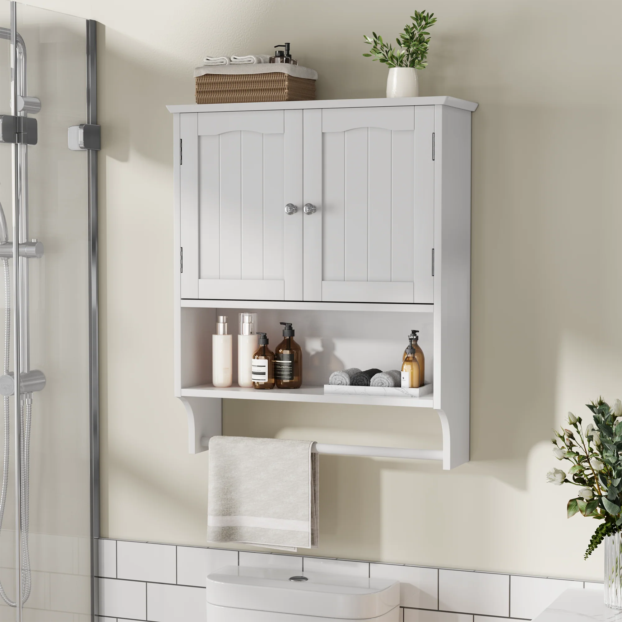 Bathroom Cabinet, Wall-Mounted Towel Rack & 2 Adjustable Shelves, White - Image 3