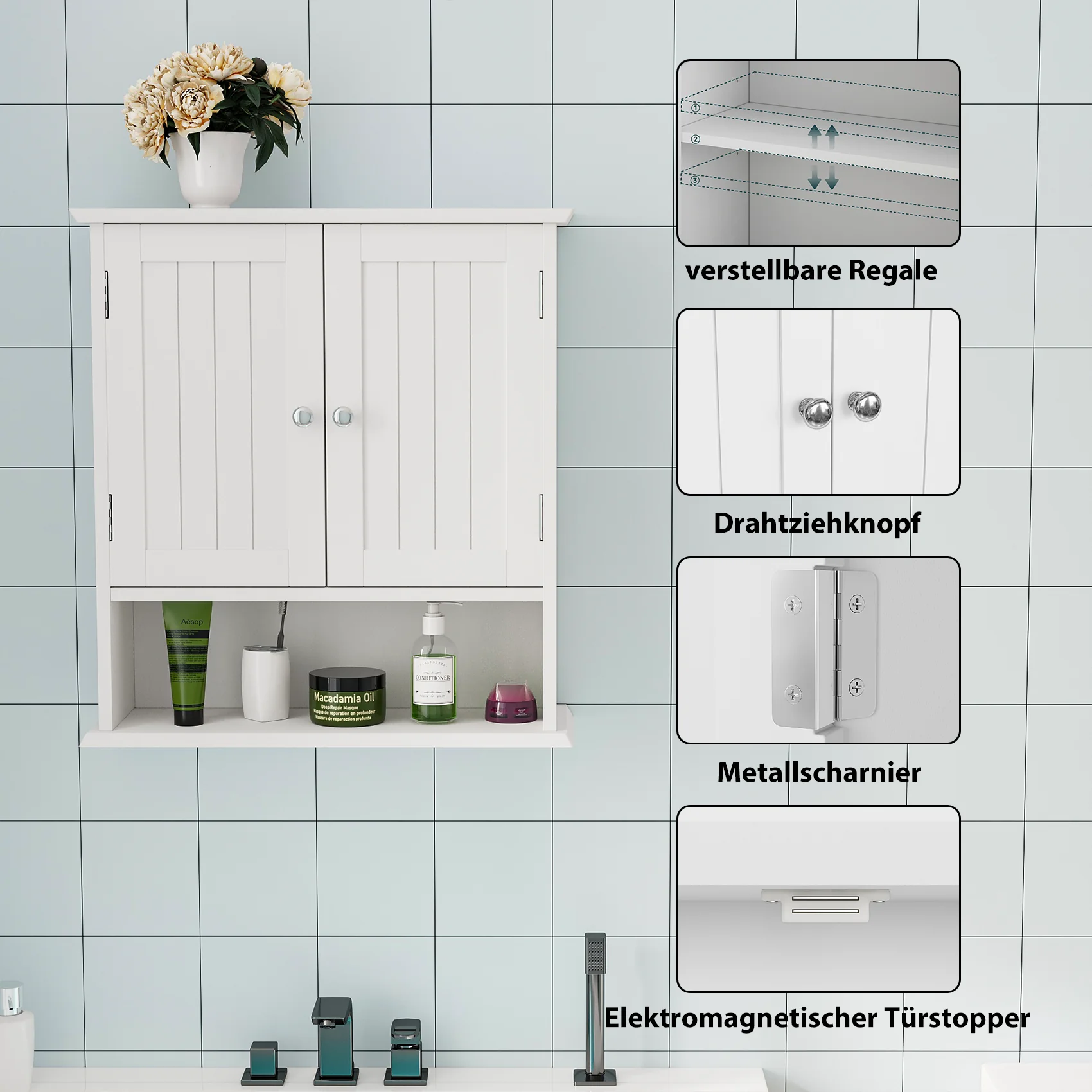 Bathroom Cabinet, Wall Mounted with Double Doors & Adjustable Shelves, White - Image 6