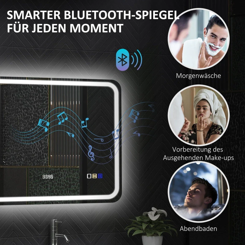 Bathroom Mirror 70x90cm LED Anti-Fog Clock Bluetooth, Silver - Image 3