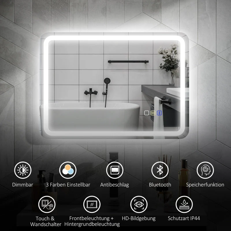 Bathroom Mirror with Lighting, LED, Bluetooth, Anti-Fog, Silver - Image 4