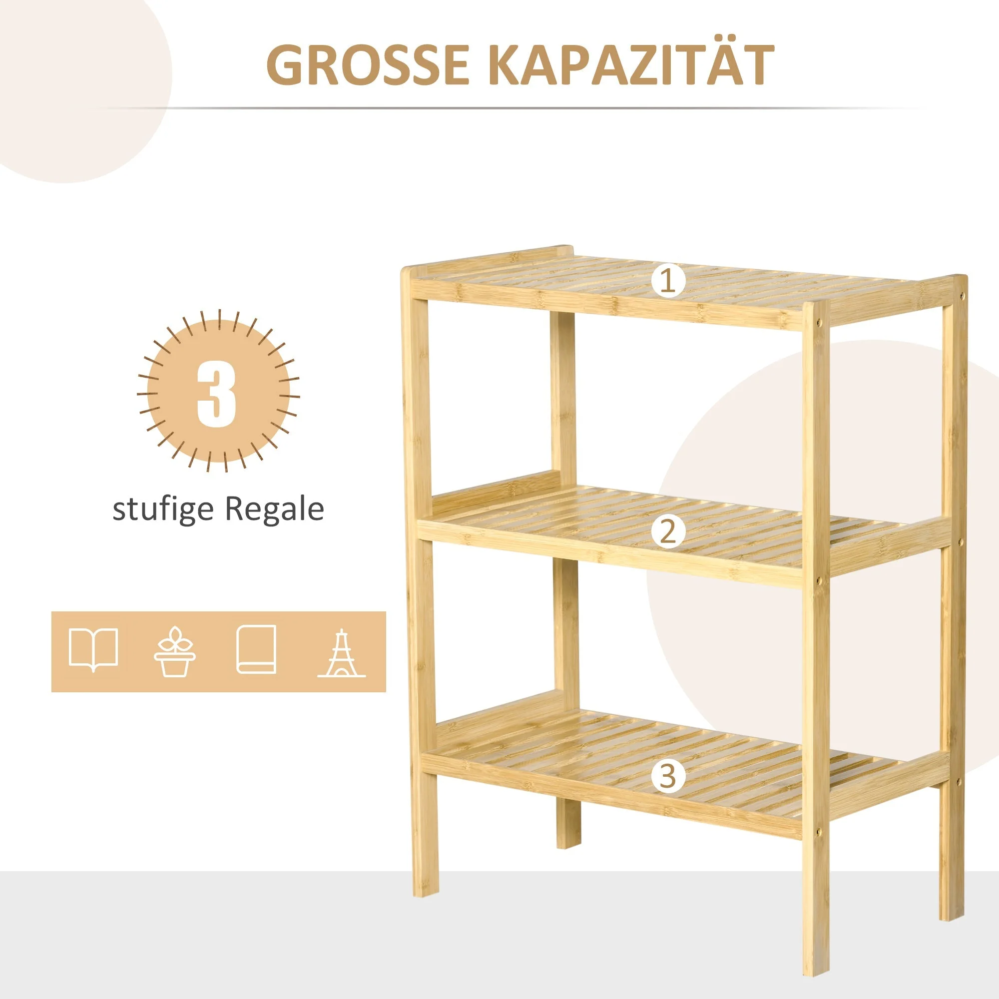 Bathroom Shelf, 3 Levels Standing Kitchen, Natural Bamboo - Image 4