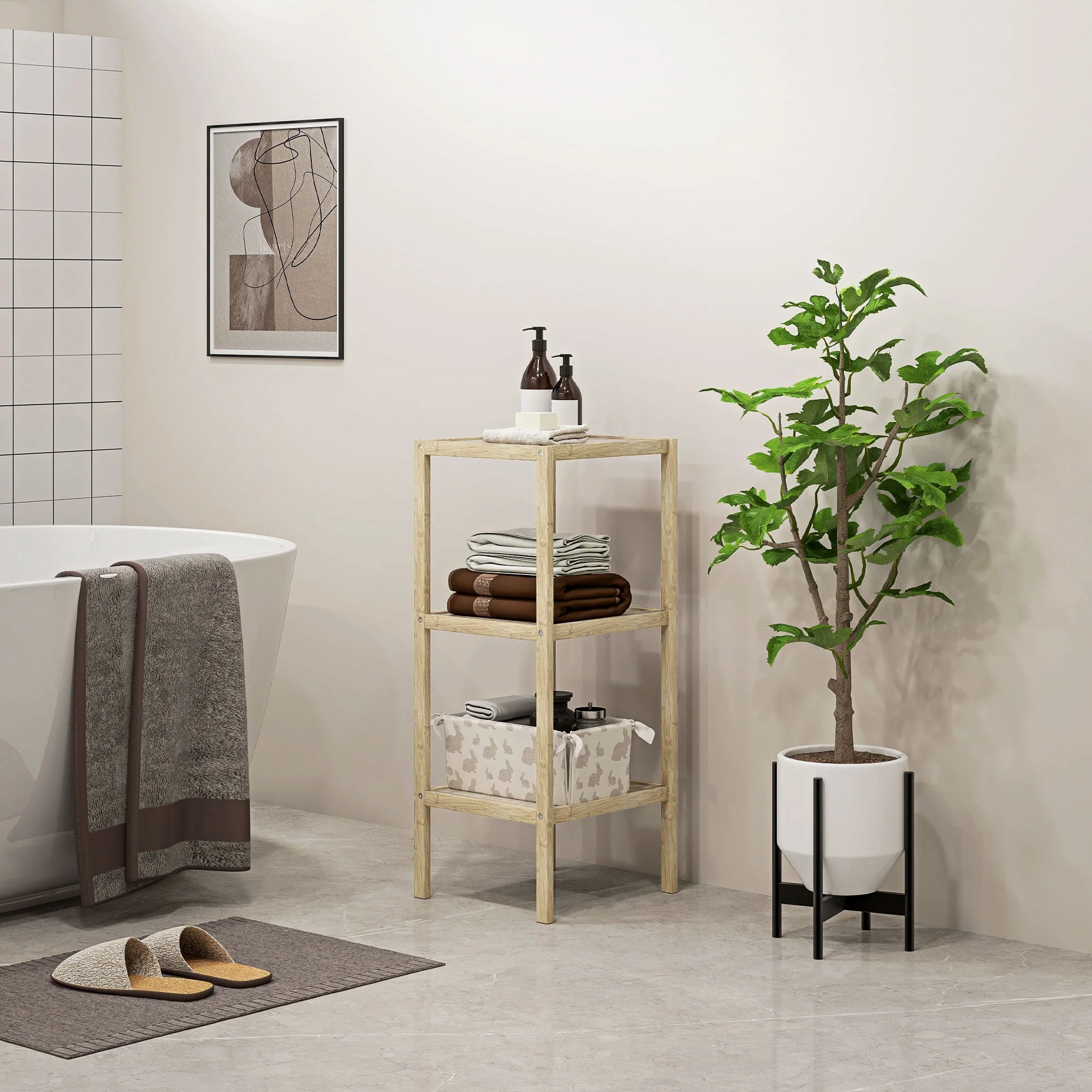Bathroom Shelf, 3-Tier Freestanding Storage, Natural Wood