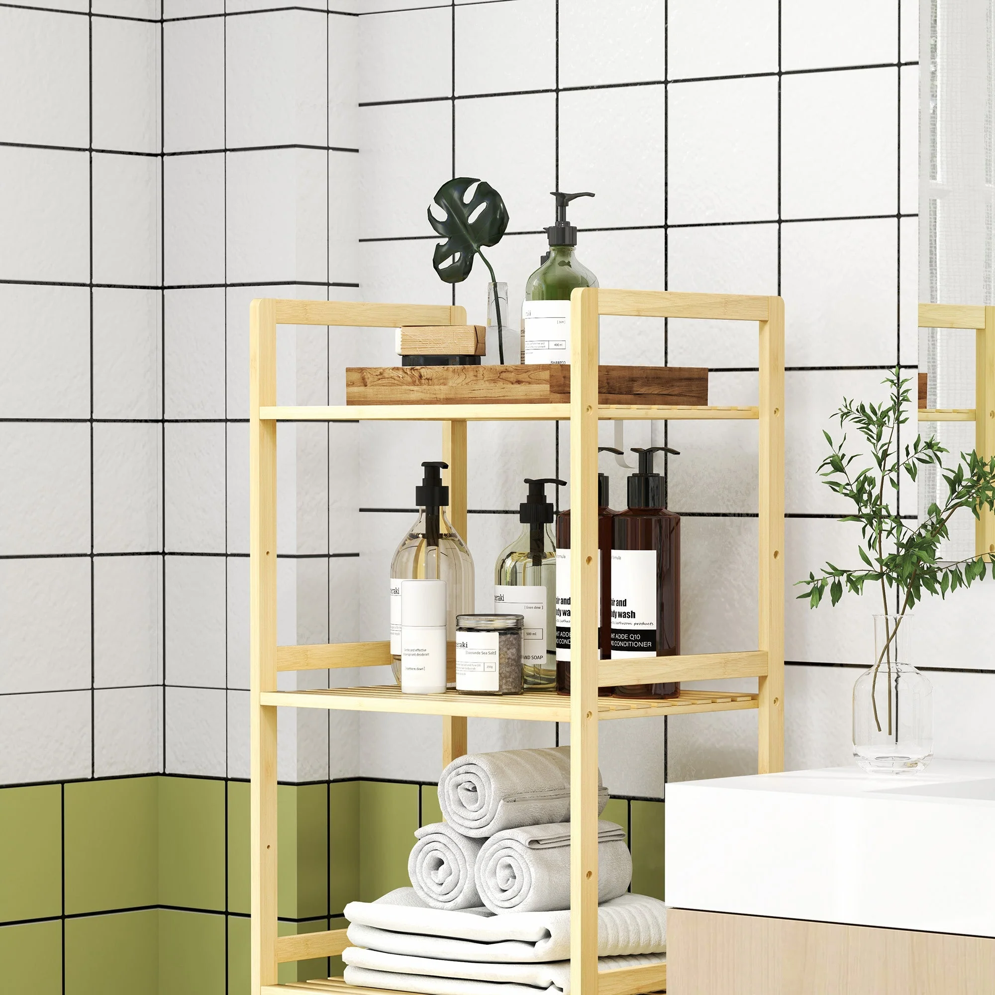 Bathroom Shelf, 5-Tier Storage Rack, Adjustable, Natural Wood - Image 8