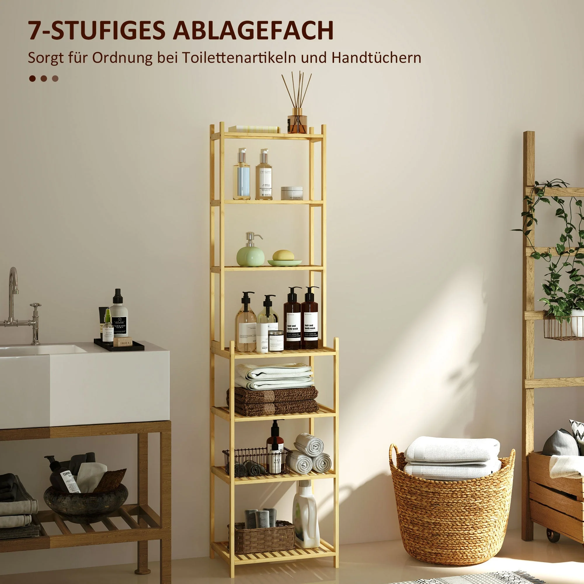 Bathroom Shelf, 7-Tier Storage Rack, Natural Bamboo - Image 4