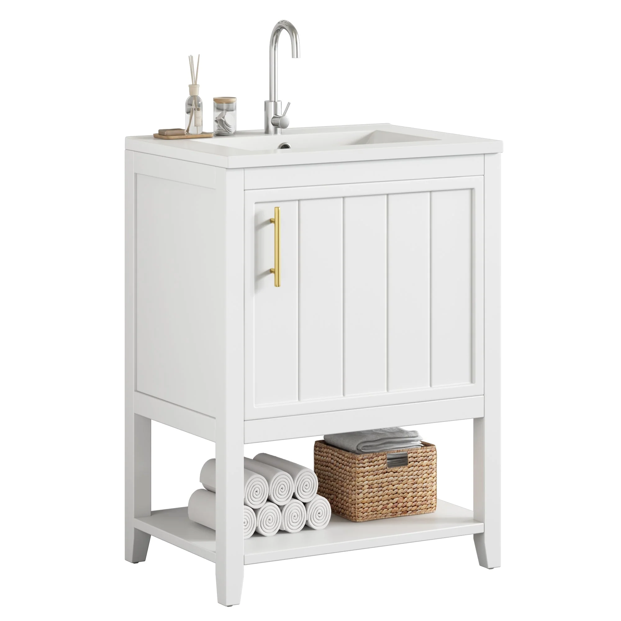 Bathroom Vanity Unit 60cm with Ceramic Washbasin & Shelf, White - Image 2