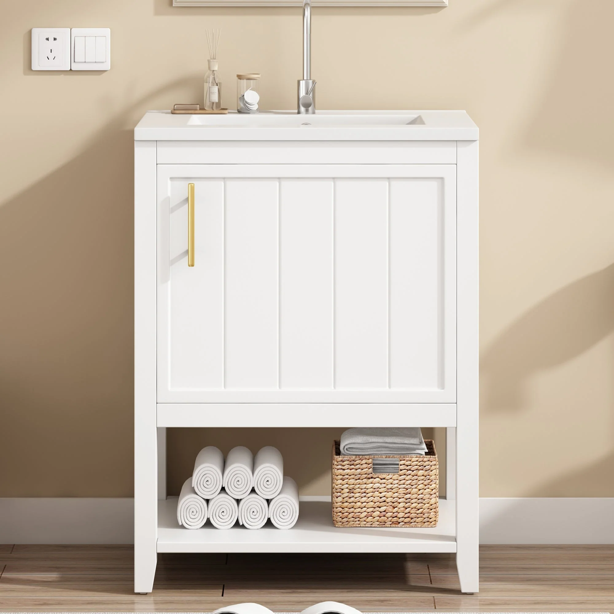 Bathroom Vanity Unit 60cm with Ceramic Washbasin & Shelf, White - Image 6