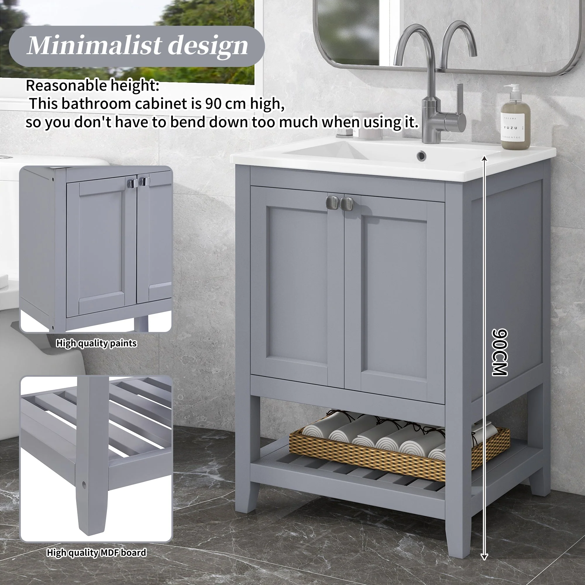 Bathroom Vanity Unit Base Cabinet 60cm Ceramic Washbasin Light Grey - Image 9
