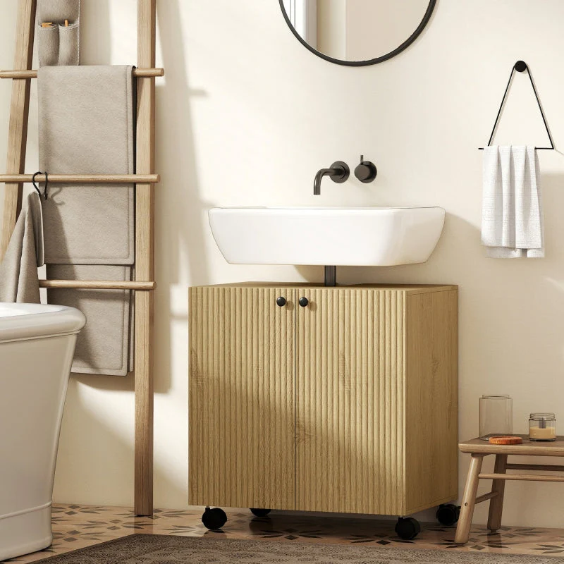 Bathroom Vanity Unit with 3-Tier Shelf and Wheels, Wood - Image 7