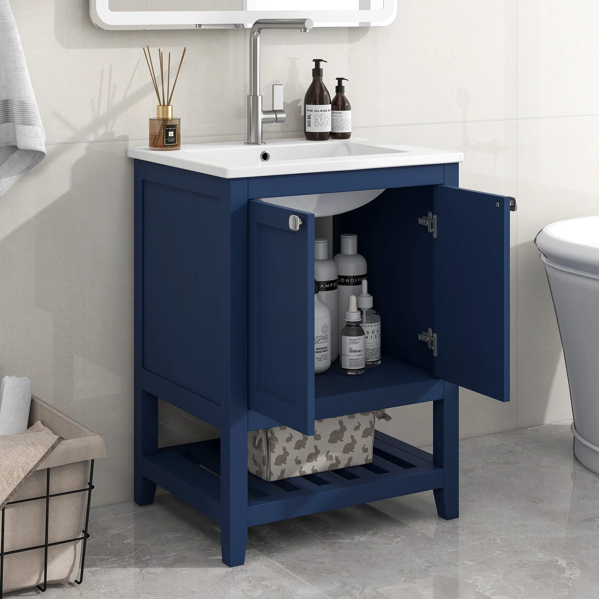 Bathroom Vanity Unit with Base Cabinet 60cm Ceramic Washbasin, Blue - Image 2