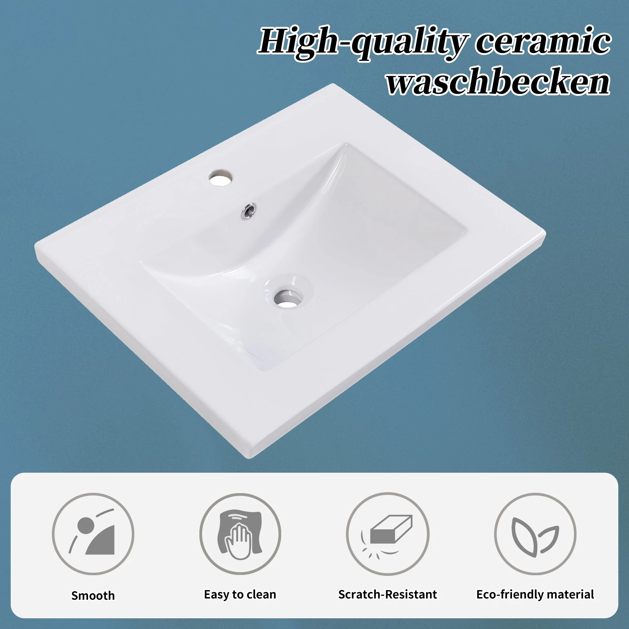 Bathroom Vanity Unit with Base Cabinet 60cm Ceramic Washbasin, Blue - Image 6