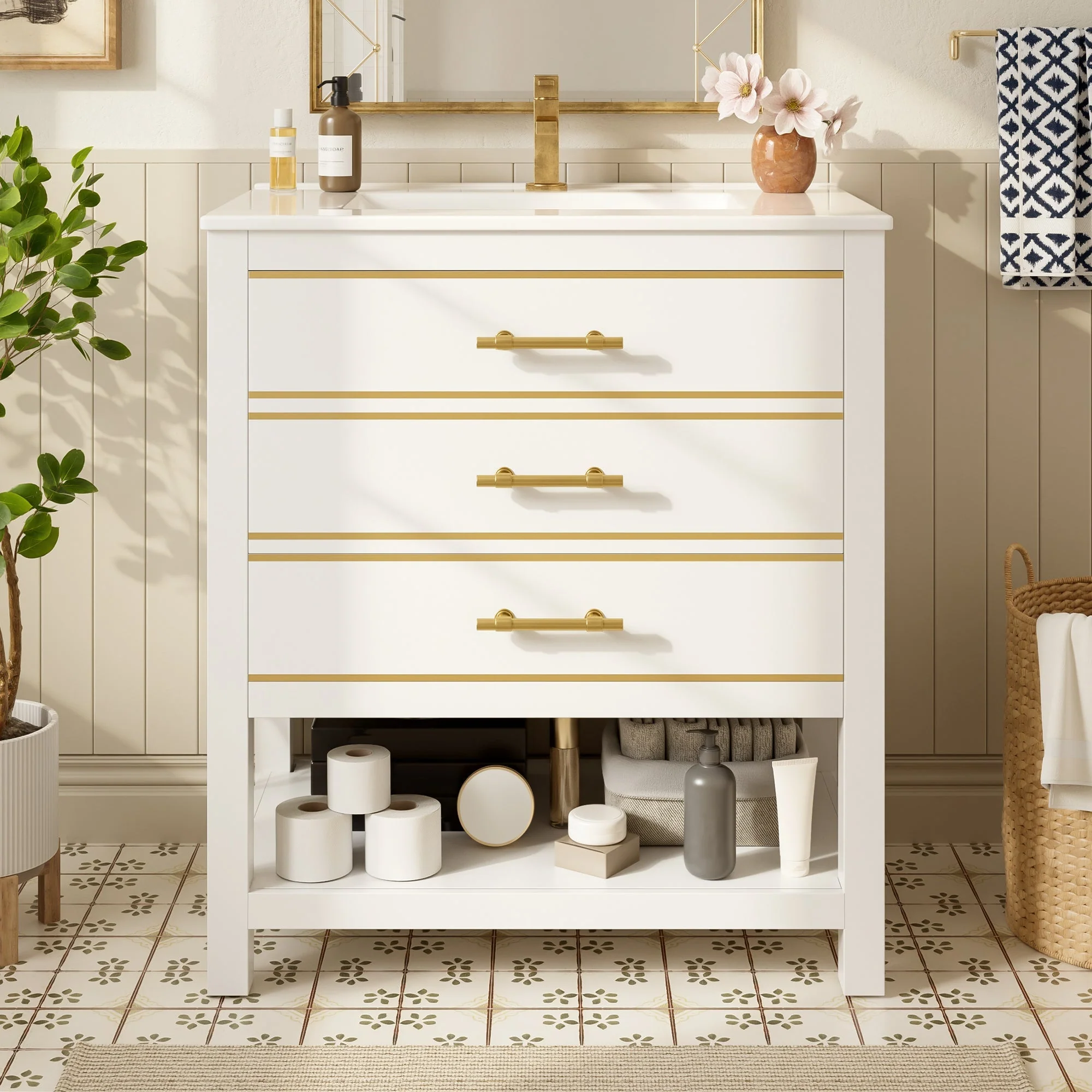 Bathroom Vanity Unit with Ceramic Basin and 2 Drawers, White and Gold - Image 2