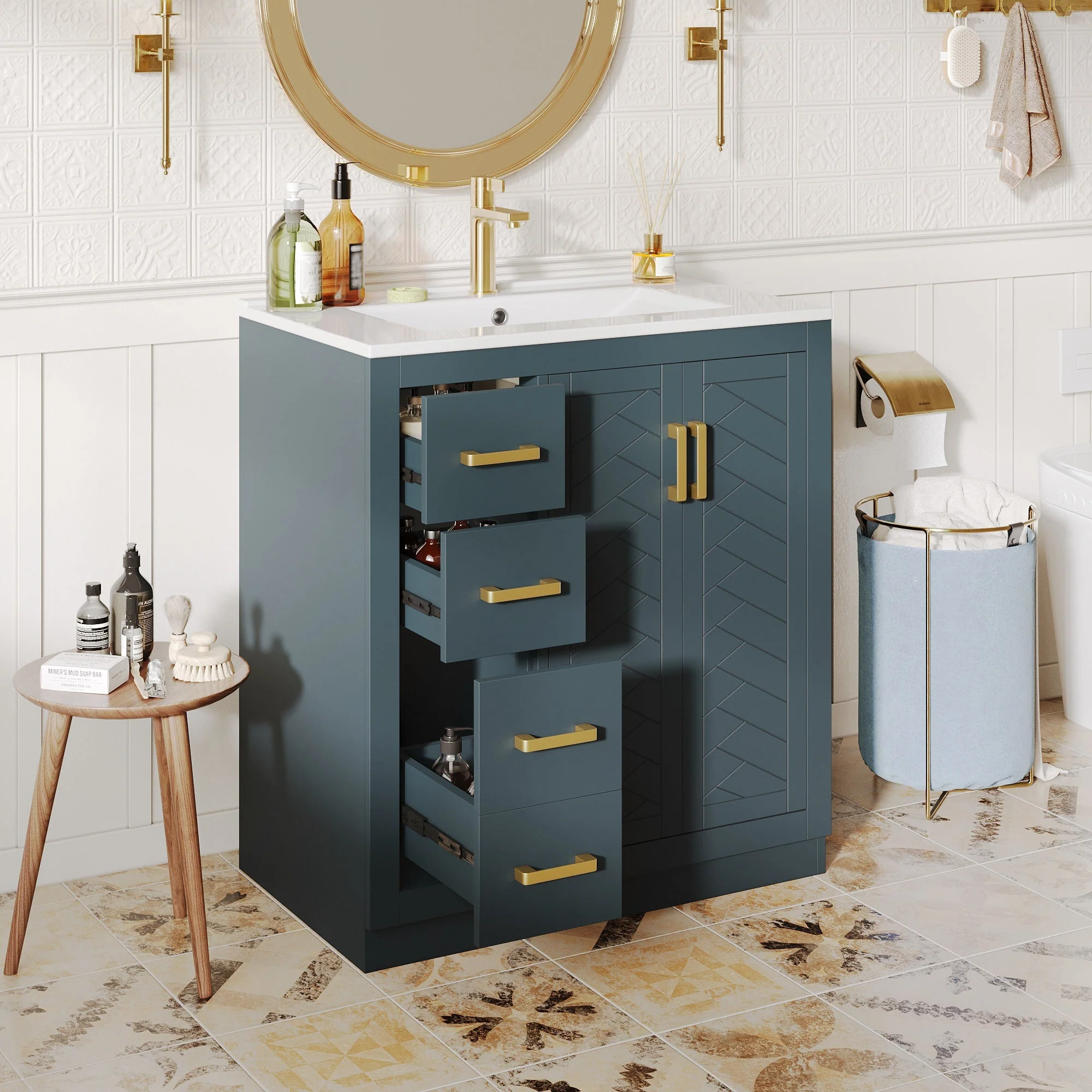 Bathroom Vanity Unit with Ceramic Sink and 3 Drawers, Blue - Image 3