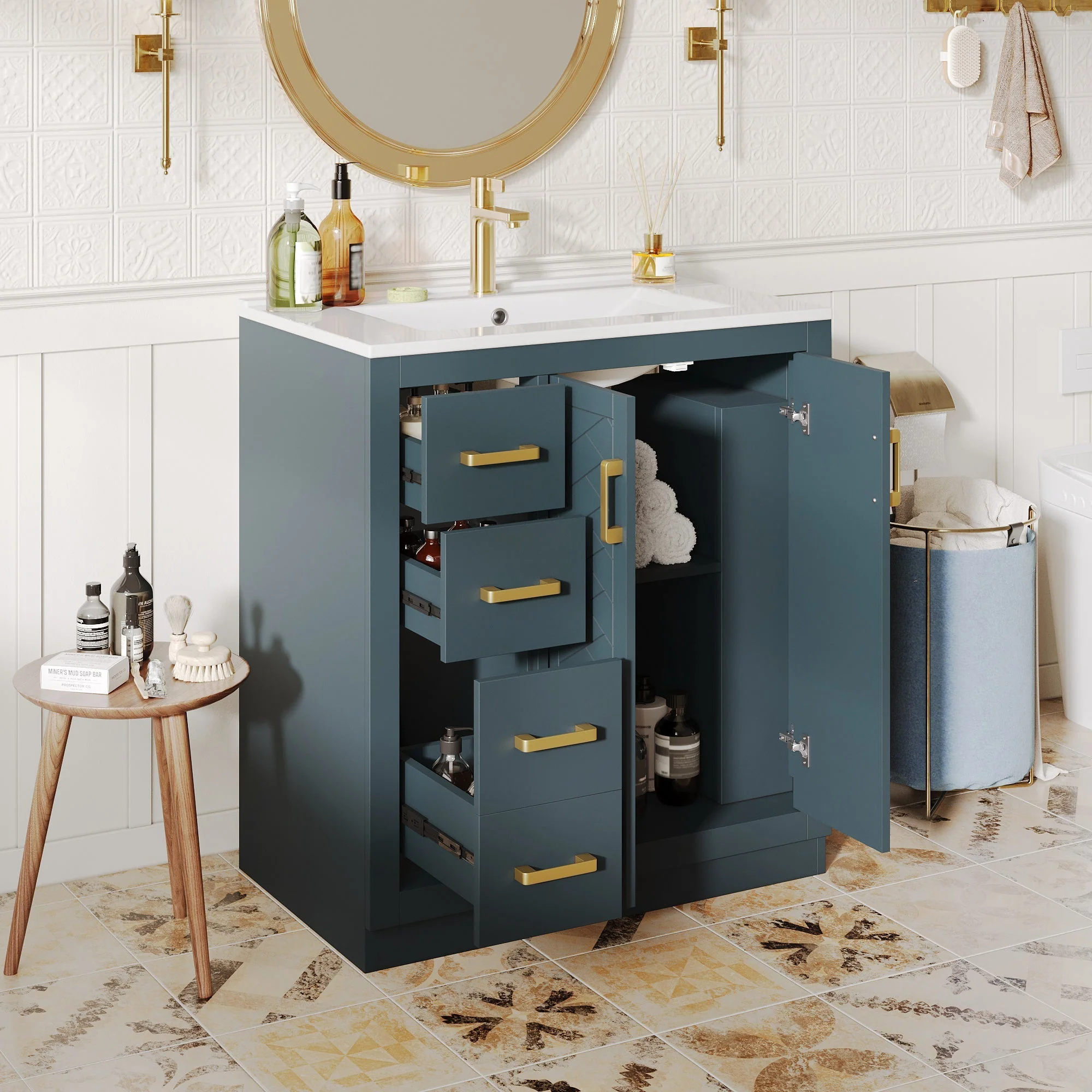 Bathroom Vanity Unit with Ceramic Sink and 3 Drawers, Blue - Image 4