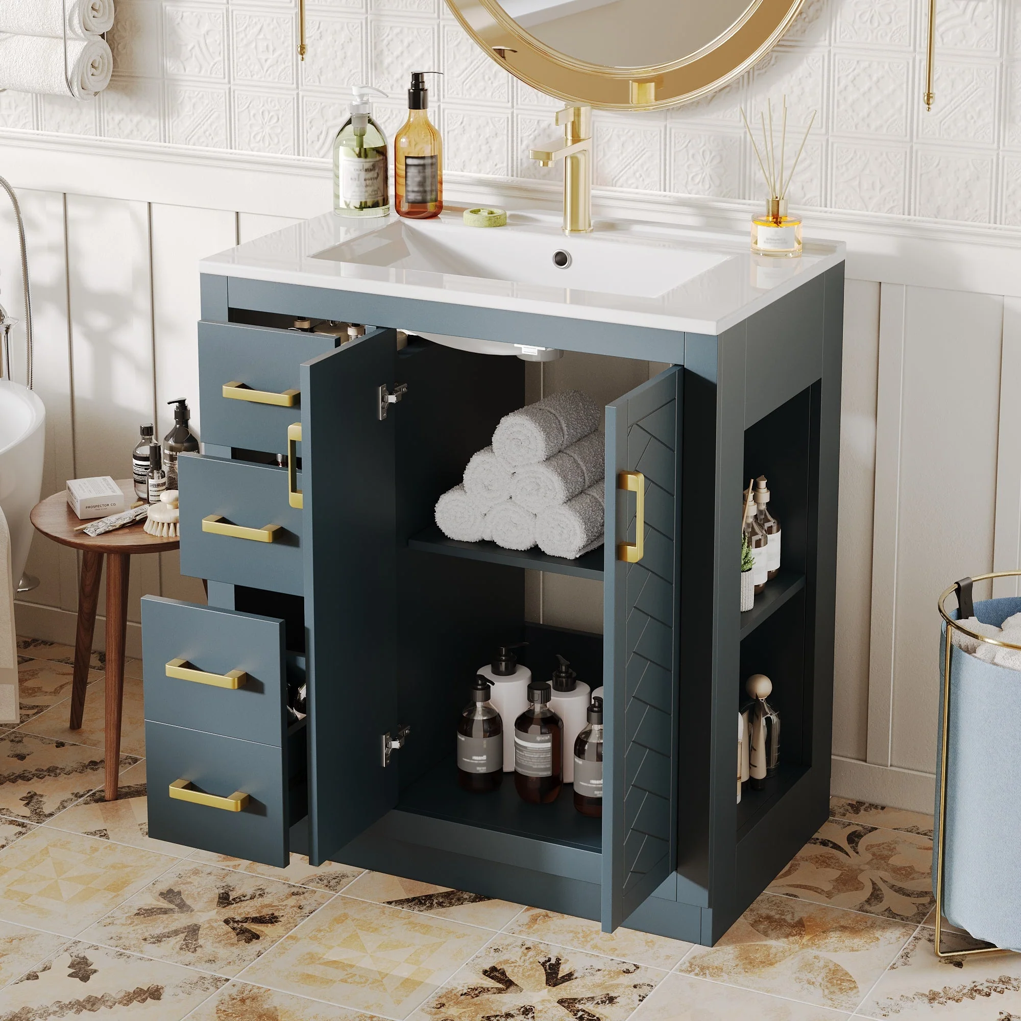 Bathroom Vanity Unit with Ceramic Sink and 3 Drawers, Blue - Image 5