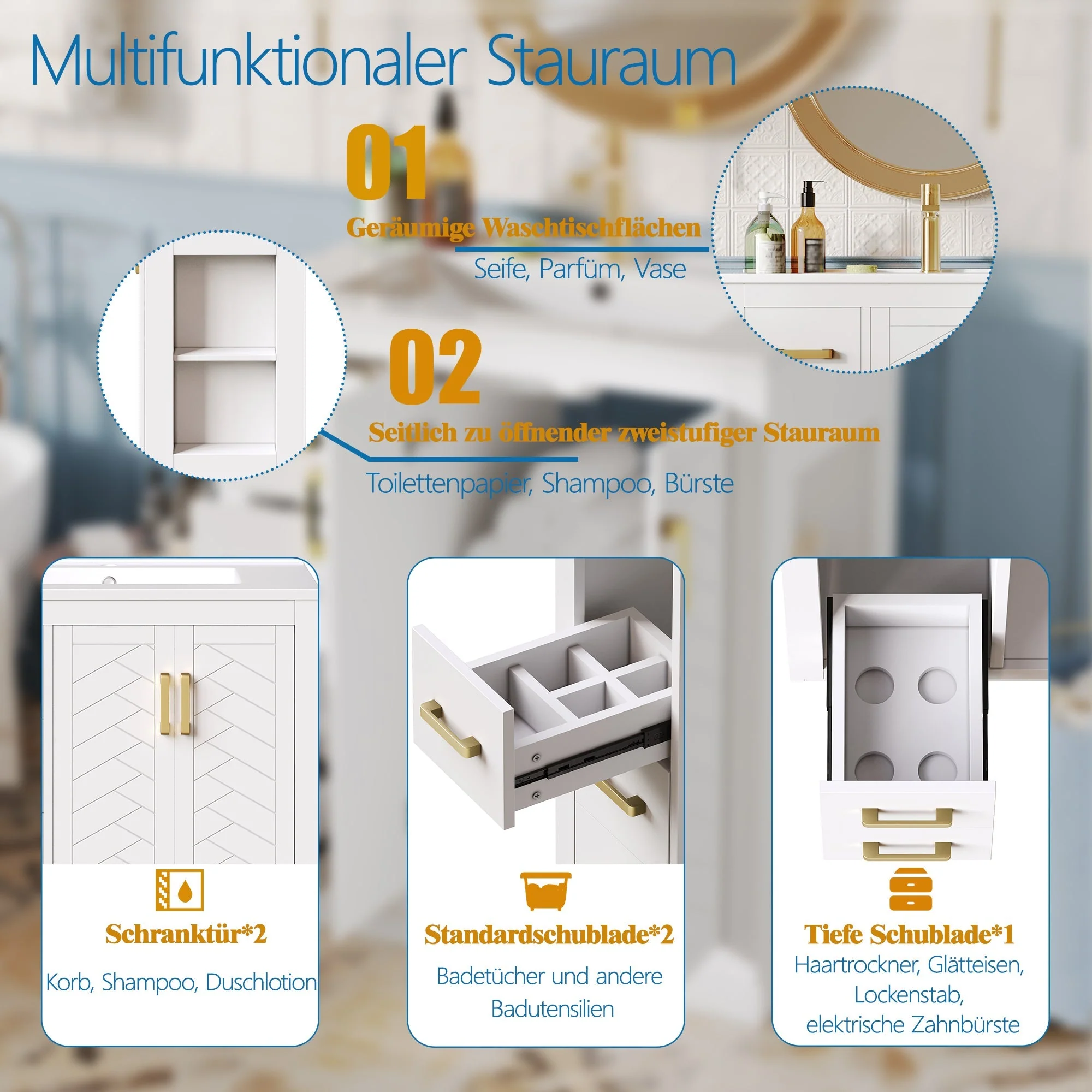 Bathroom Vanity Unit with Ceramic Sink and 3 Drawers, White - Image 6