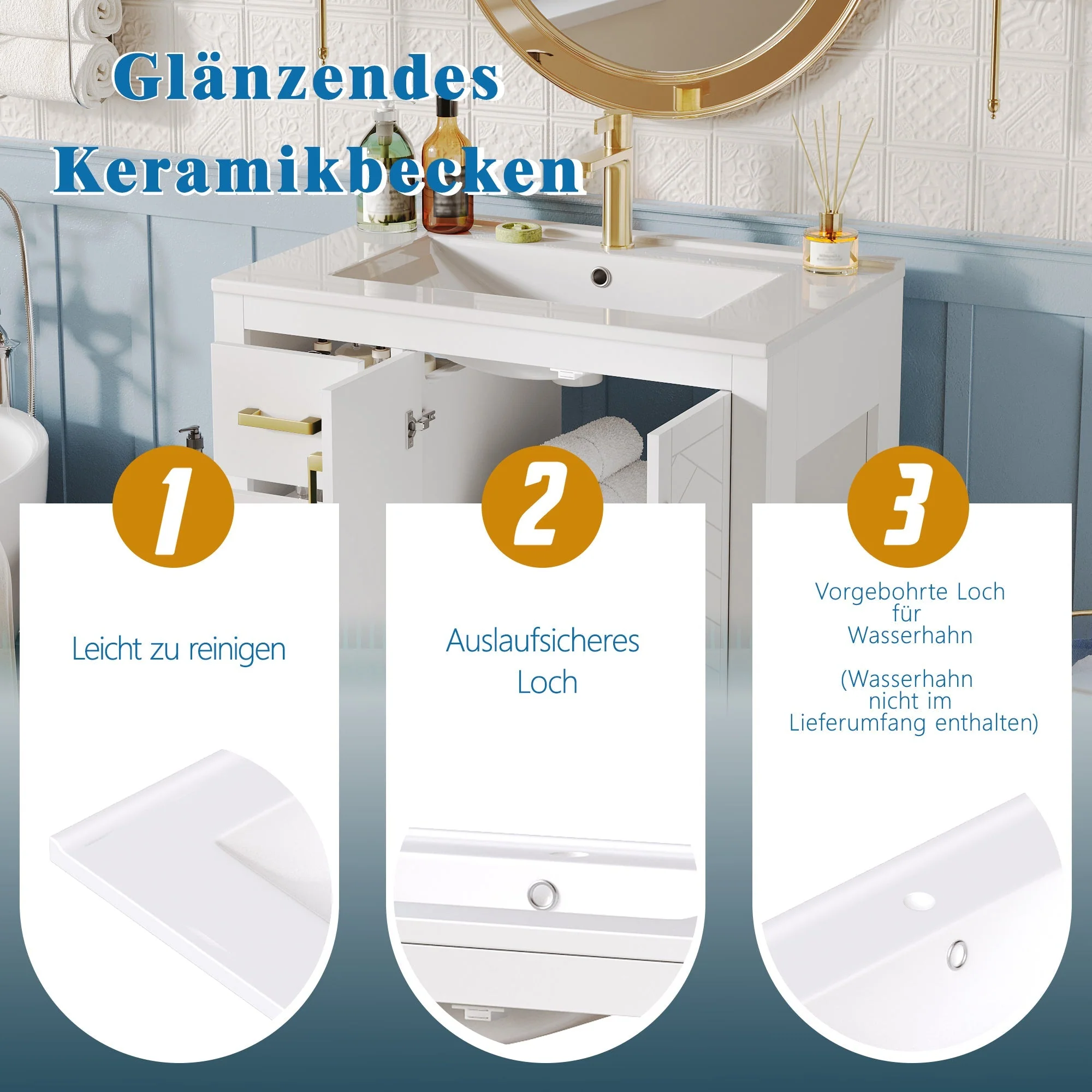 Bathroom Vanity Unit with Ceramic Sink and 3 Drawers, White - Image 8