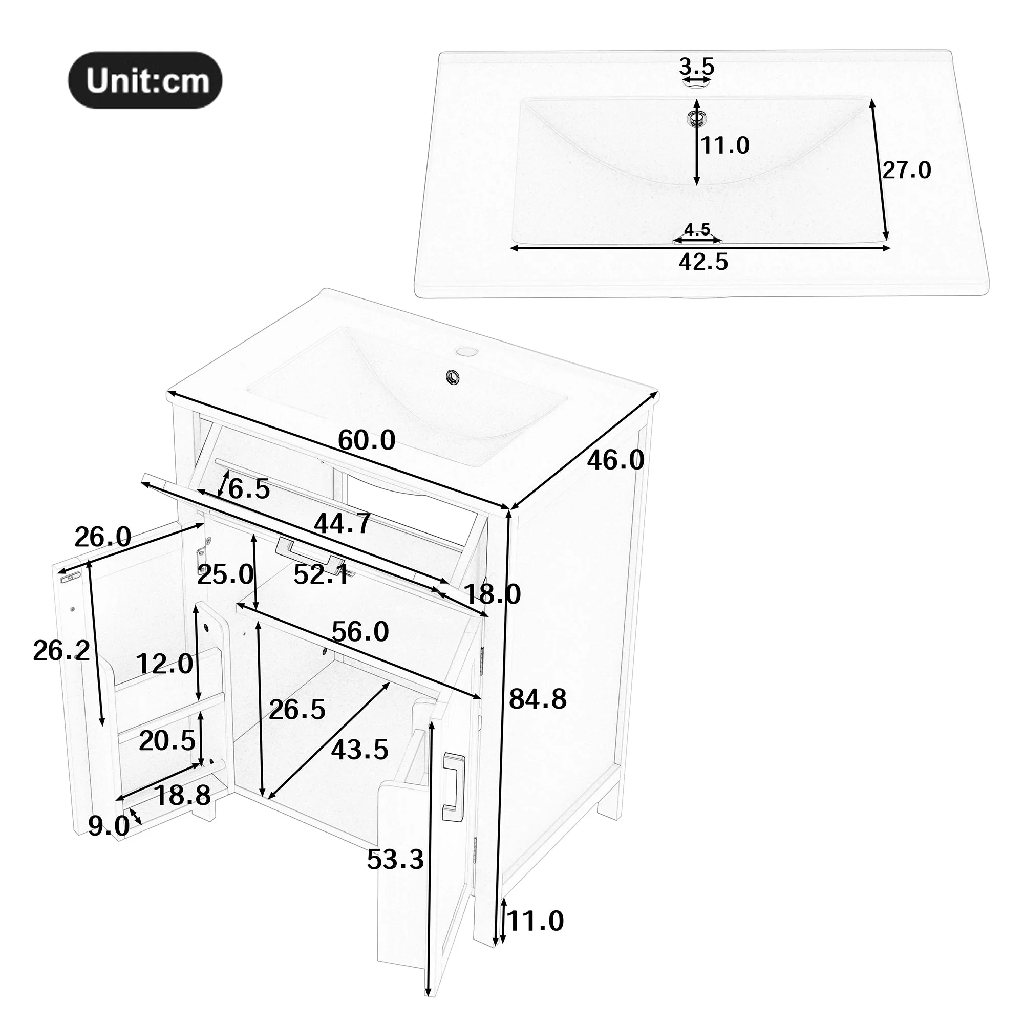 Bathroom Vanity Unit with Ceramic Sink and Adjustable Shelves, White - Image 6