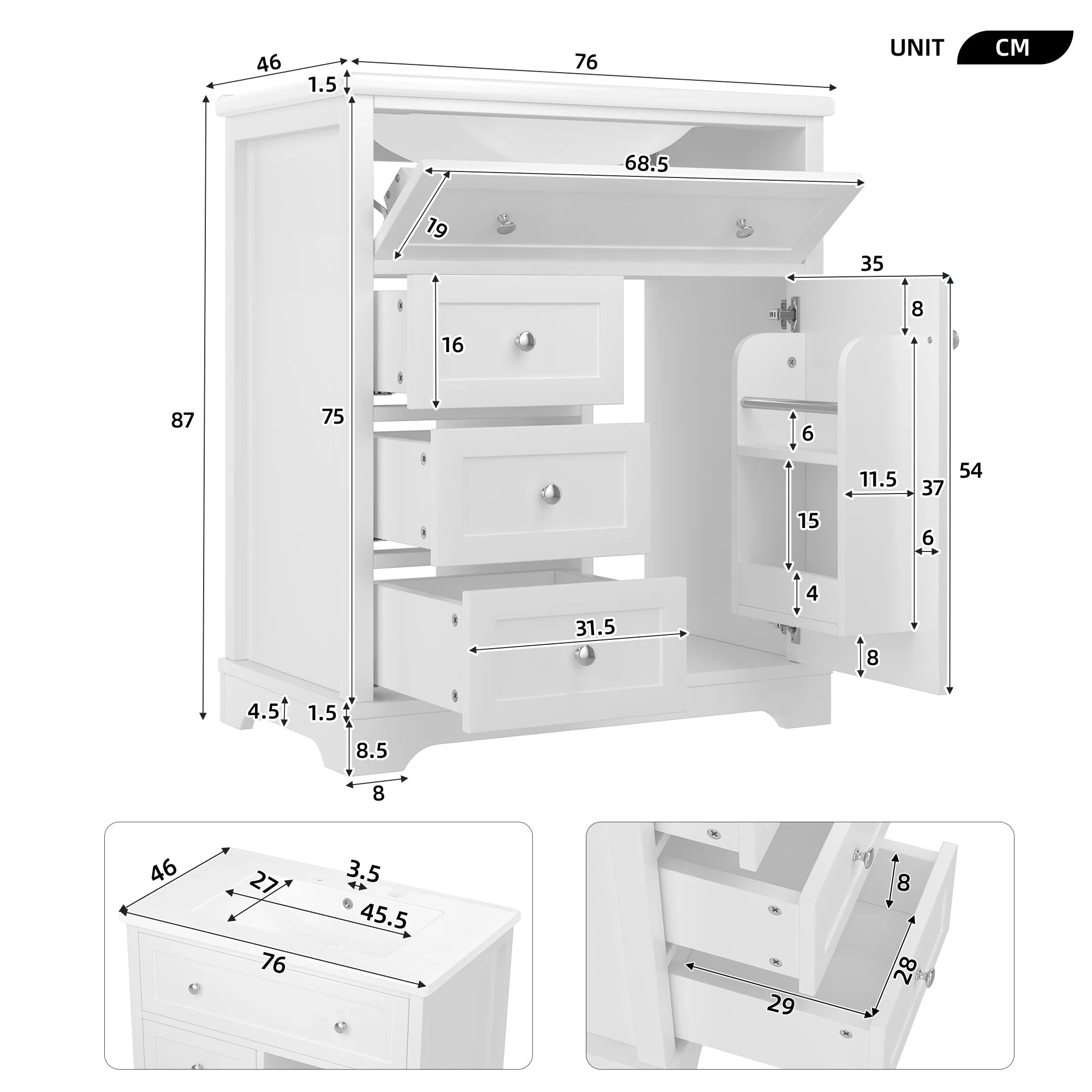 Bathroom Vanity Unit with Ceramic Sink and Drop-down Drawer, White - Image 6