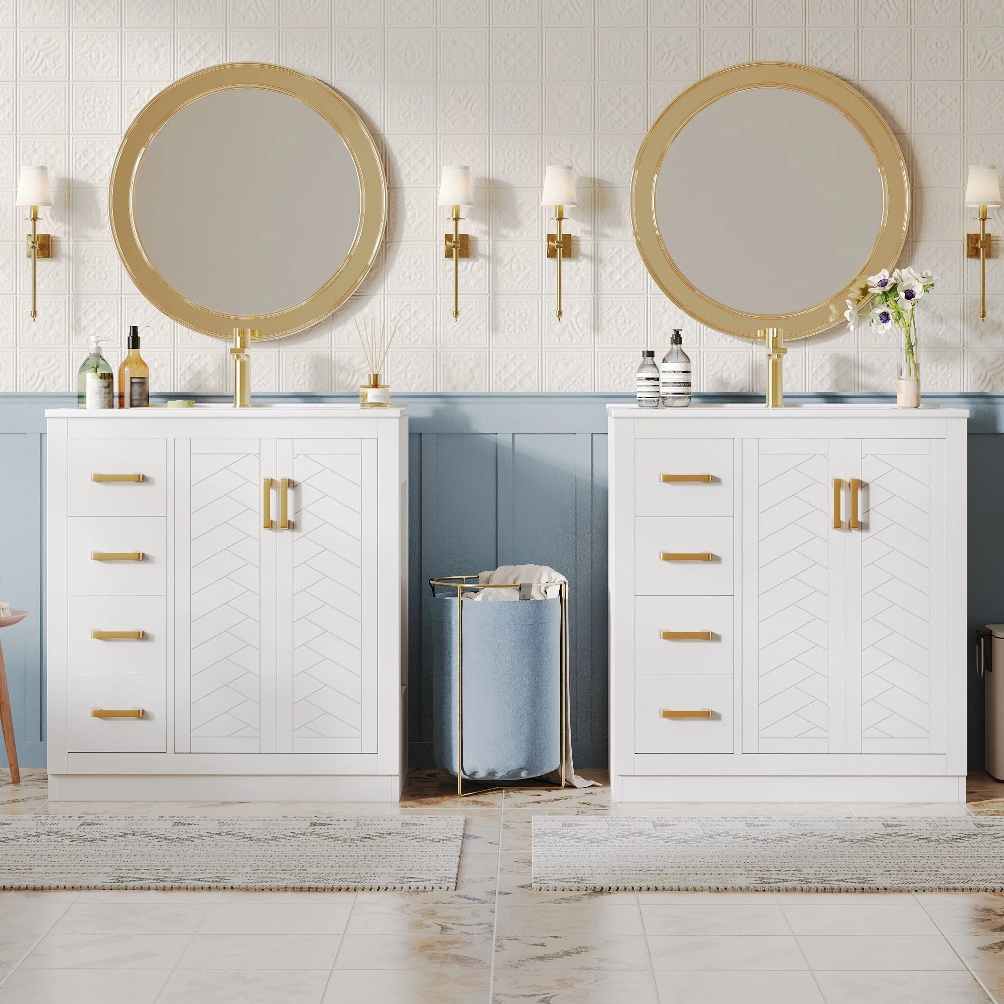 Bathroom Vanity Unit with Ceramic Sink and Side Storage Shelf, White