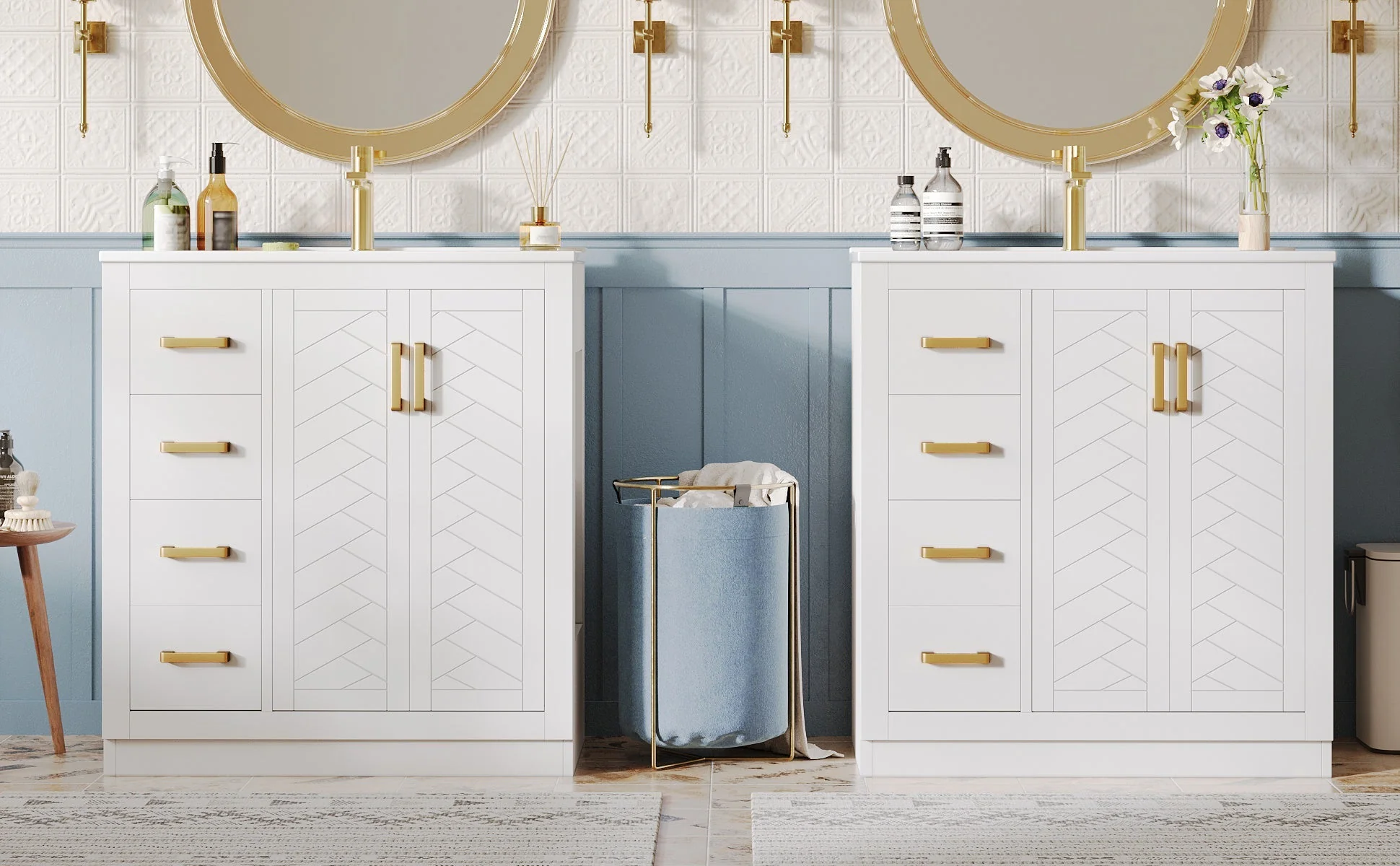 Bathroom Vanity Unit with Ceramic Sink and Side Storage Shelf, White - Image 2