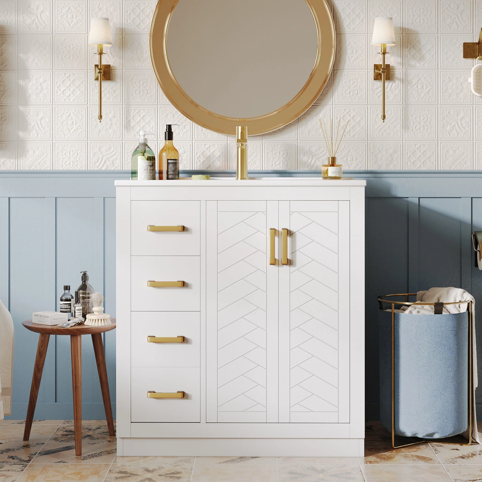 Bathroom Vanity Unit with Ceramic Sink and Side Storage Shelf, White - Image 3
