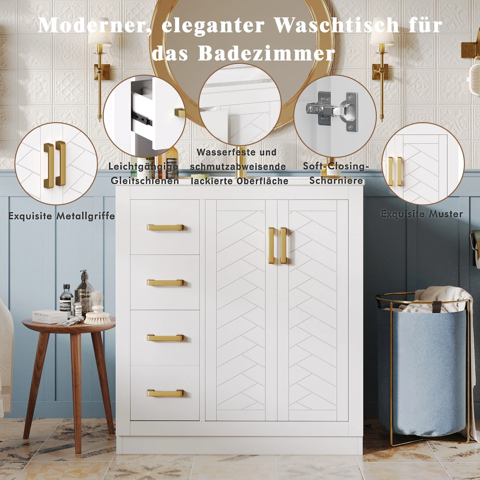 Bathroom Vanity Unit with Ceramic Sink and Side Storage Shelf, White - Image 8