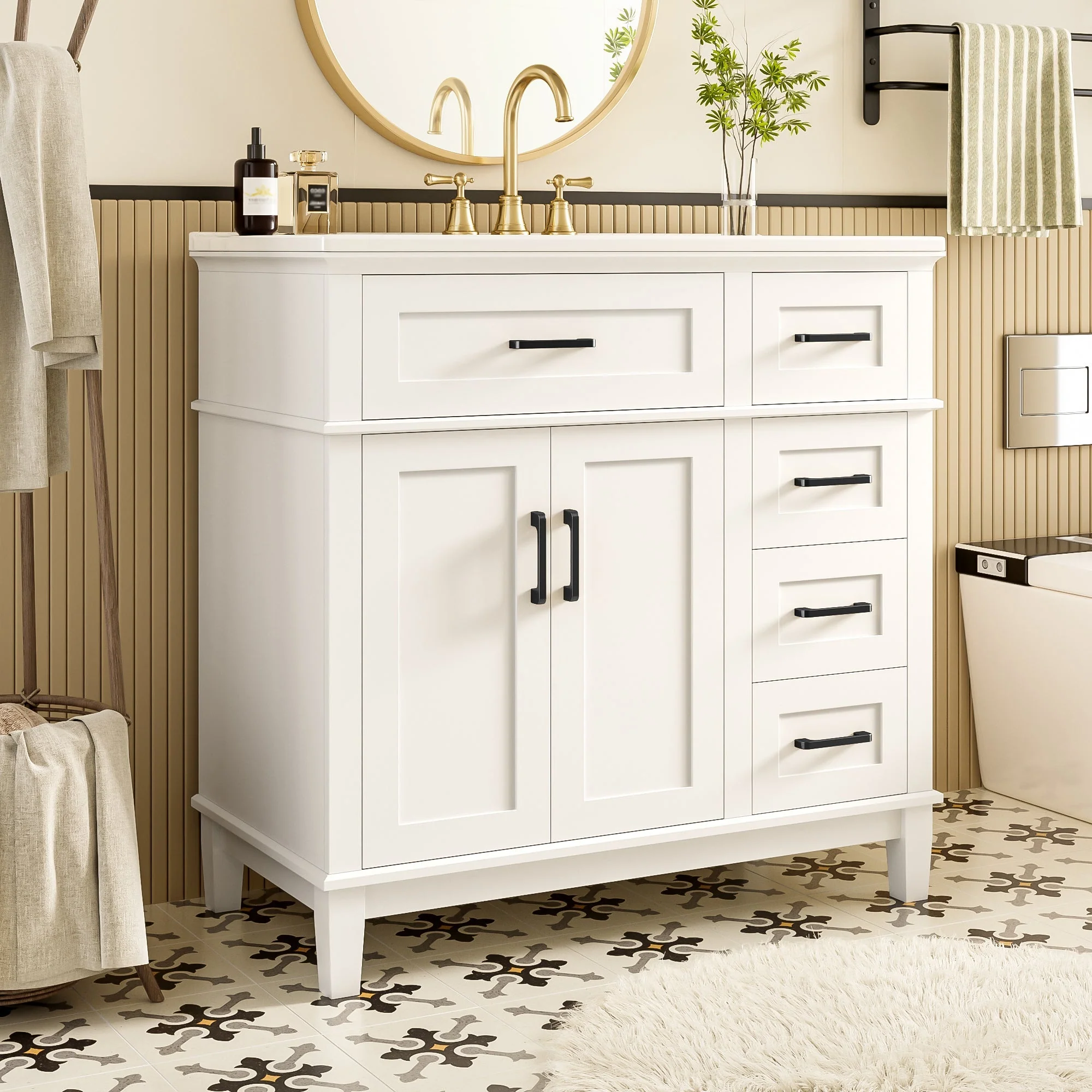 Bathroom Vanity Unit with Ceramic Sink and Soft-Close Drawers, White and Black - Image 2