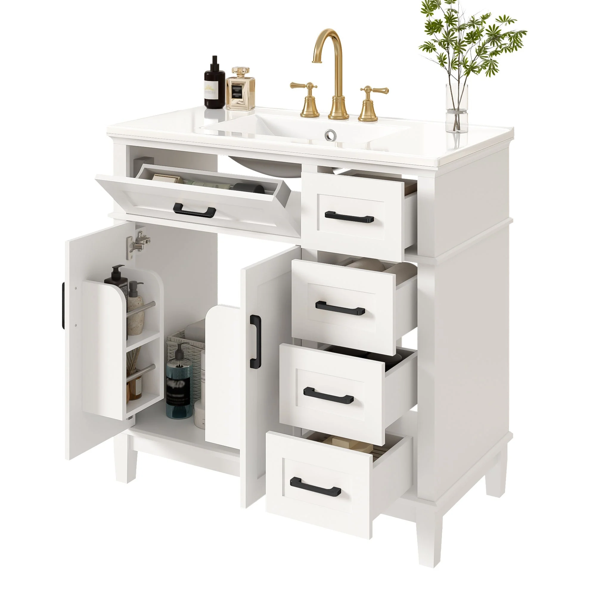 Bathroom Vanity Unit with Ceramic Sink and Soft-Close Drawers, White and Black - Image 4