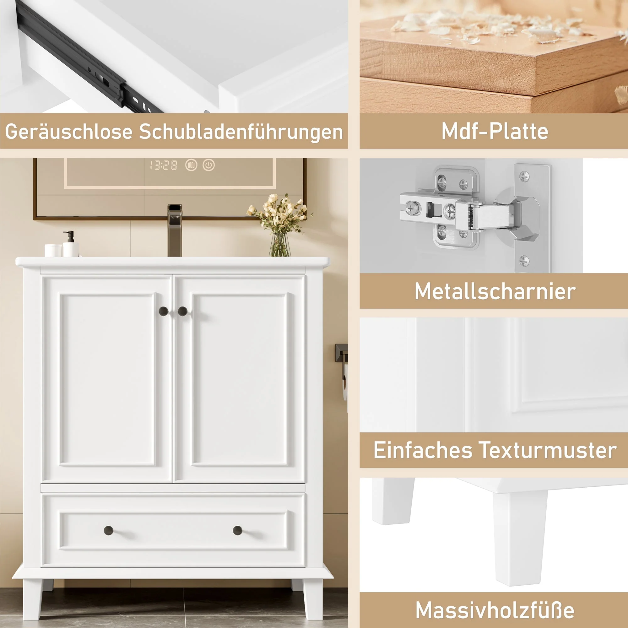 Bathroom Vanity Unit with Ceramic Sink and Solid Wood Legs, White - Image 10