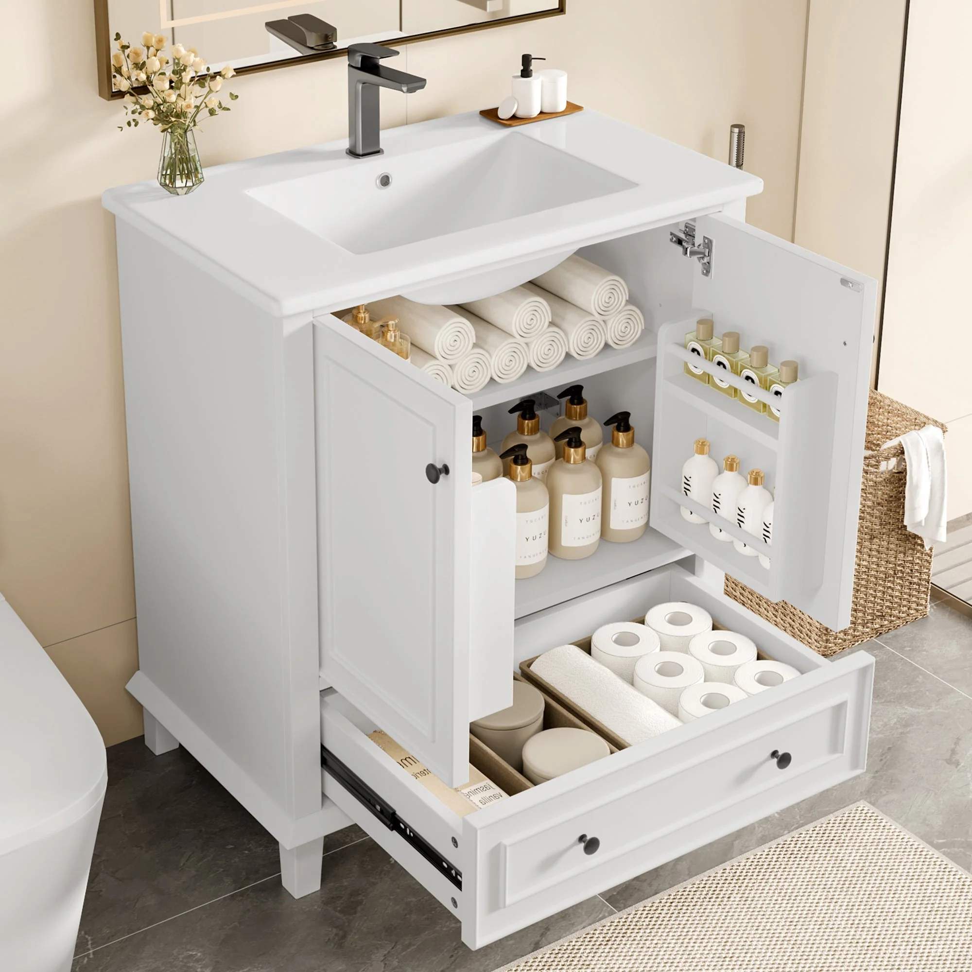 Bathroom Vanity Unit with Ceramic Sink and Solid Wood Legs, White - Image 2