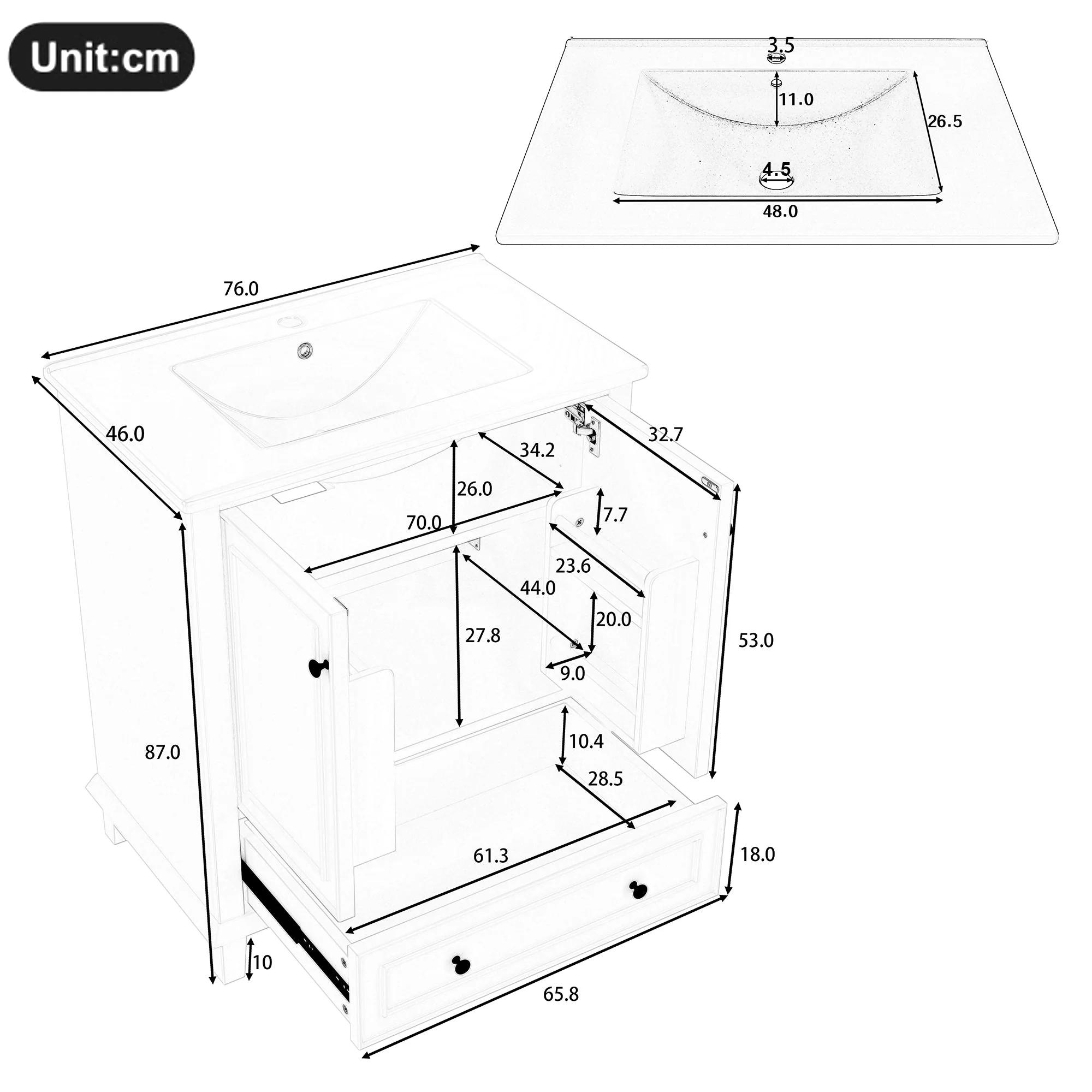 Bathroom Vanity Unit with Ceramic Sink and Solid Wood Legs, White - Image 8