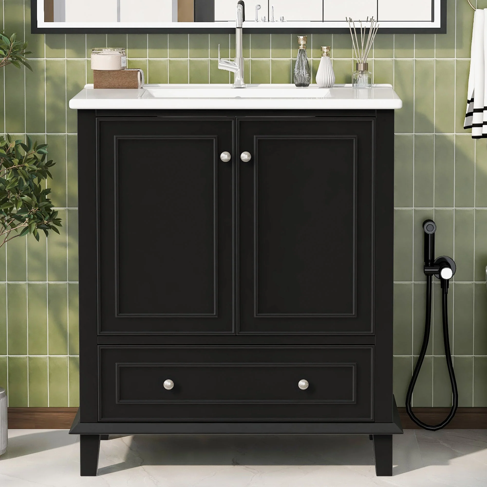 Bathroom Vanity Unit with Ceramic Sink and Solid Wood Legs, White and Black - Image 3