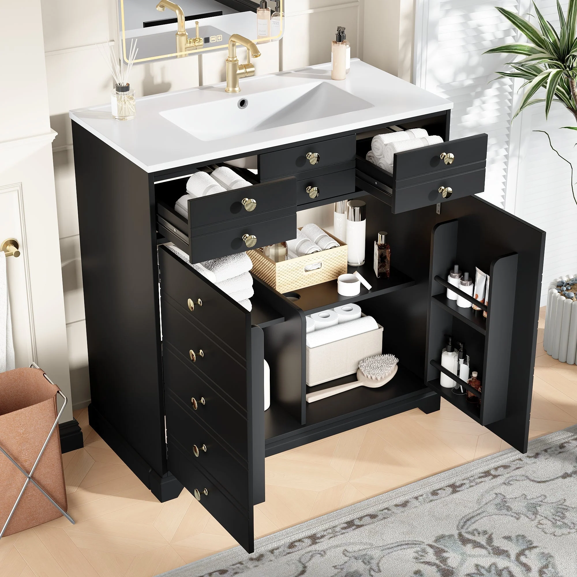 Bathroom Vanity Unit with Ceramic Sink and Storage Drawers, Black and Gold - Image 2